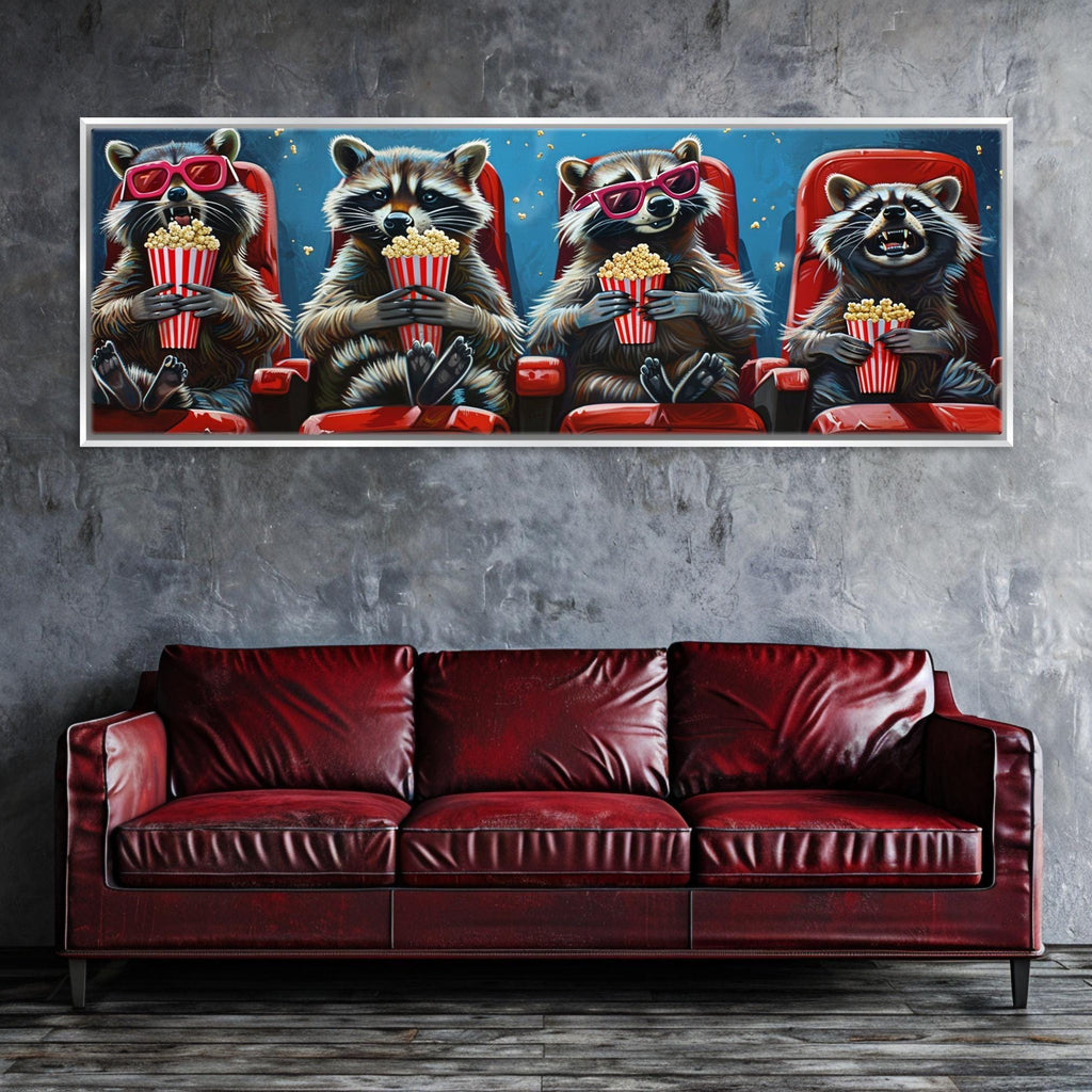 Panoramic Wall Art - Funny Raccoons Movie Theater Decor | Extra Large Canvas Ready to Hang