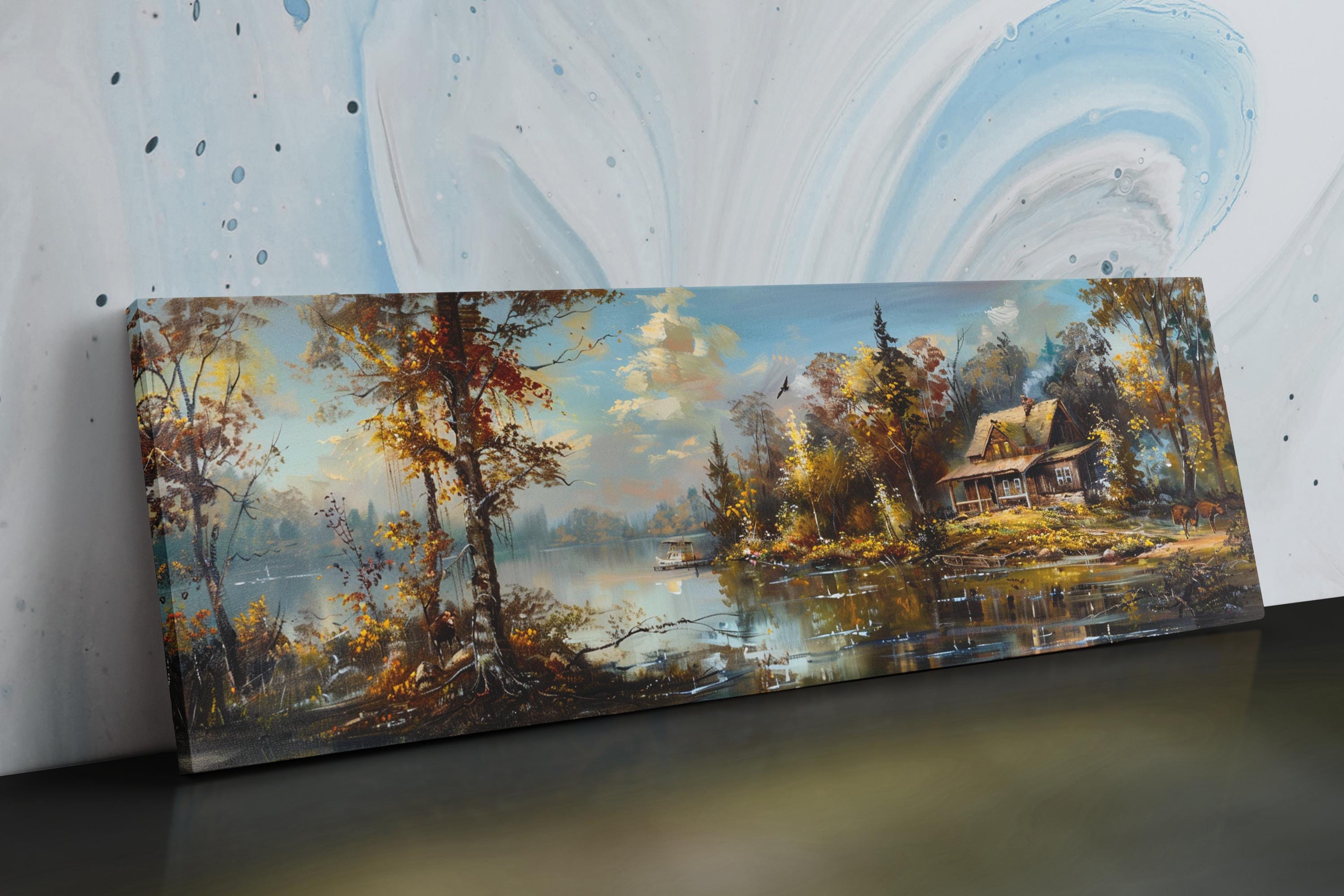 a painting of a lake with a house on it
