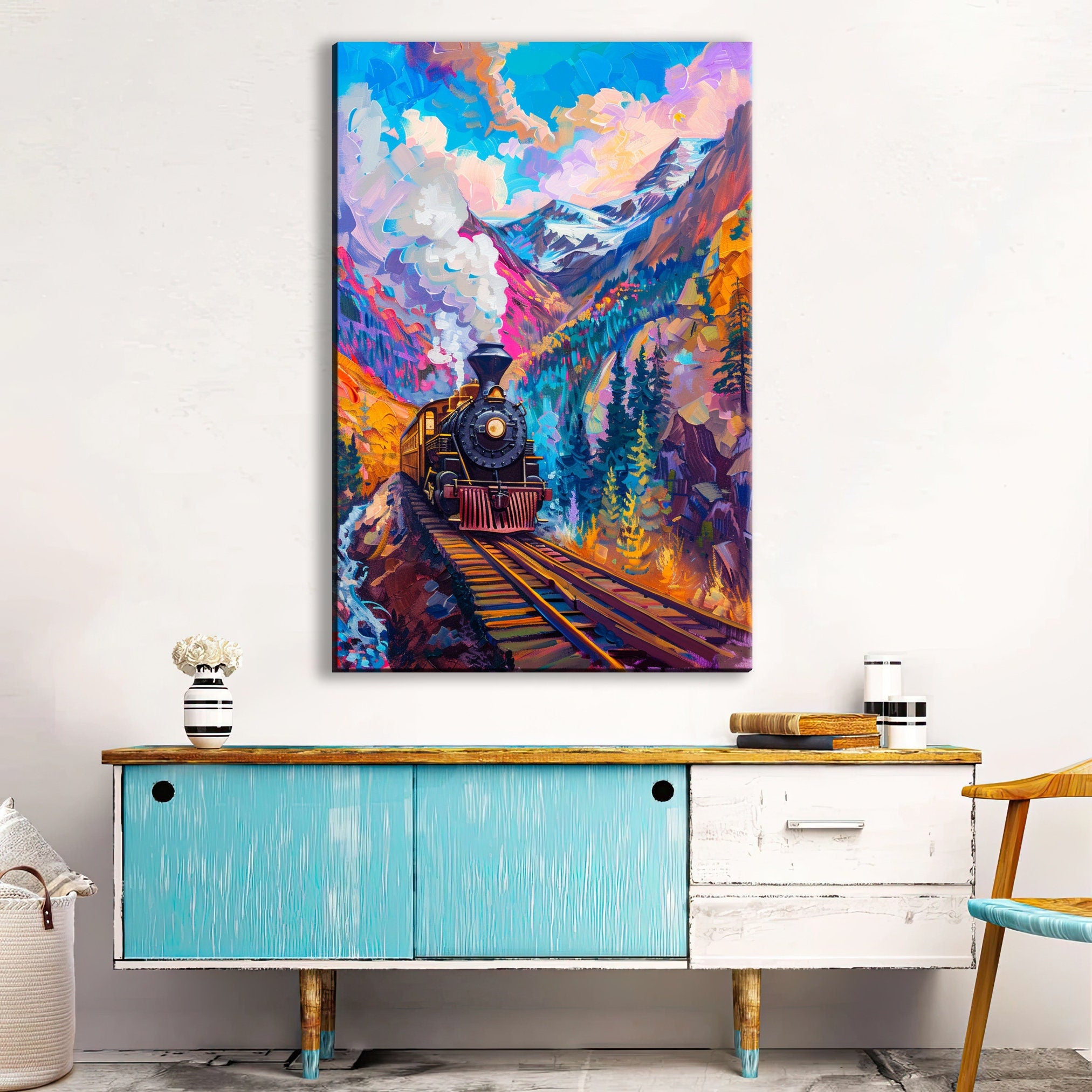 Train Canvas Art - Industrial Colorful Pop Art Canvas | Gallery Wrapped, Ready to Hang