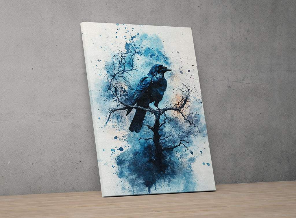 The image is a painting of a black bird perched on a branch, with a blue and white color scheme.