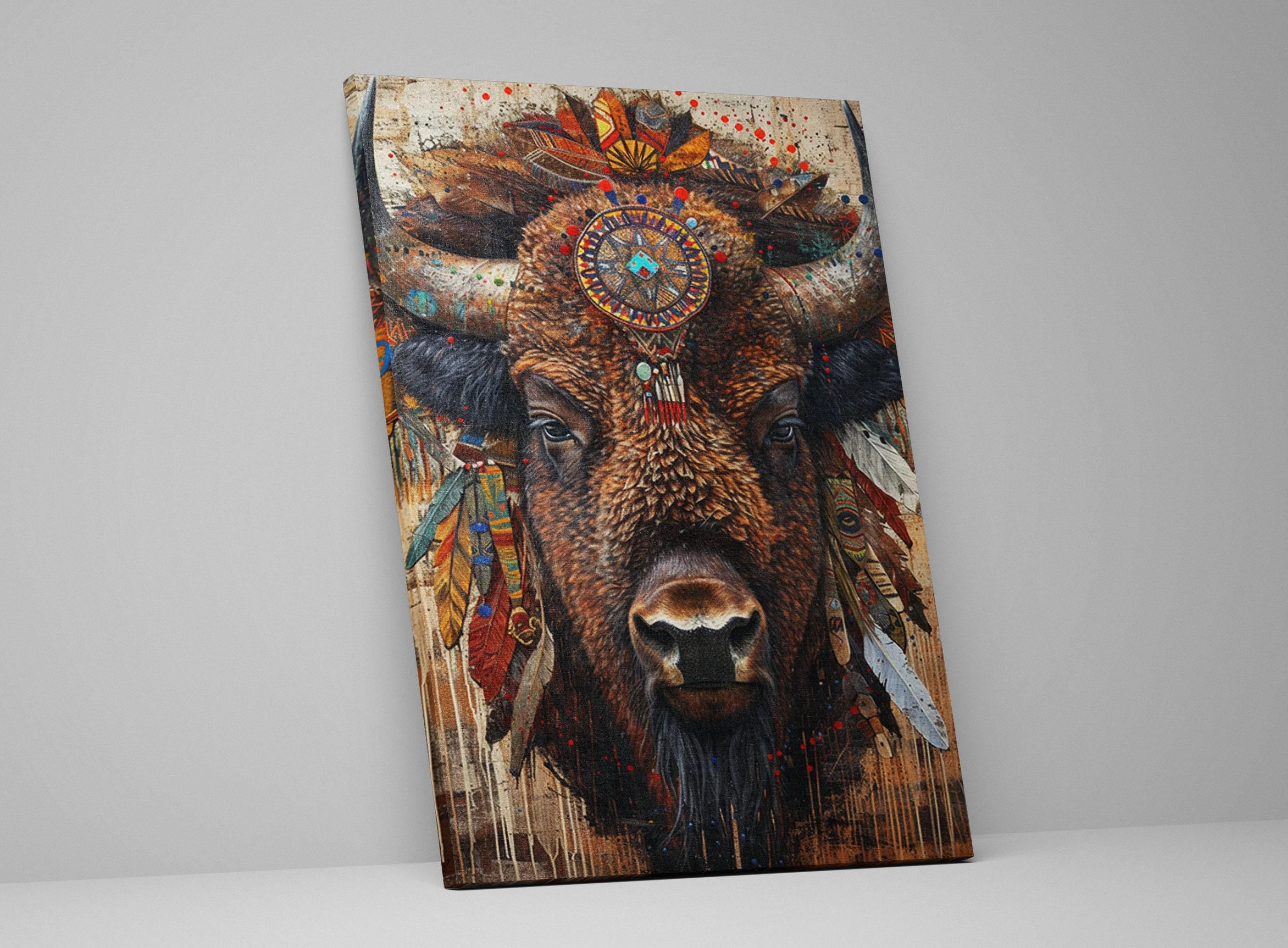 Native American Bison Art – Large Canvas Art | Gallery Wrapped Canvas, Ready to Hang