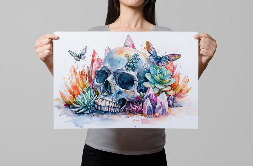 A woman holds up a colorful and vibrant painting depicting a skull surrounded by various flora and fauna, including butterflies and crystals.
