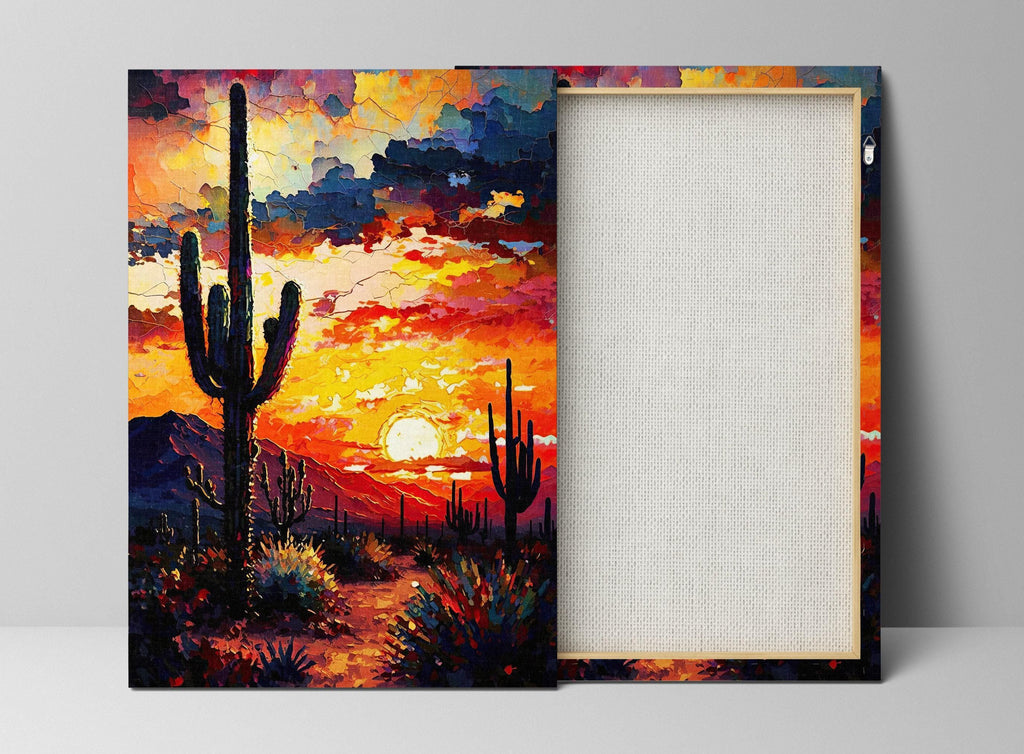 The image is a vibrant painting depicting a desert landscape at sunset, with a cactus in the foreground and a mountain range in the background.