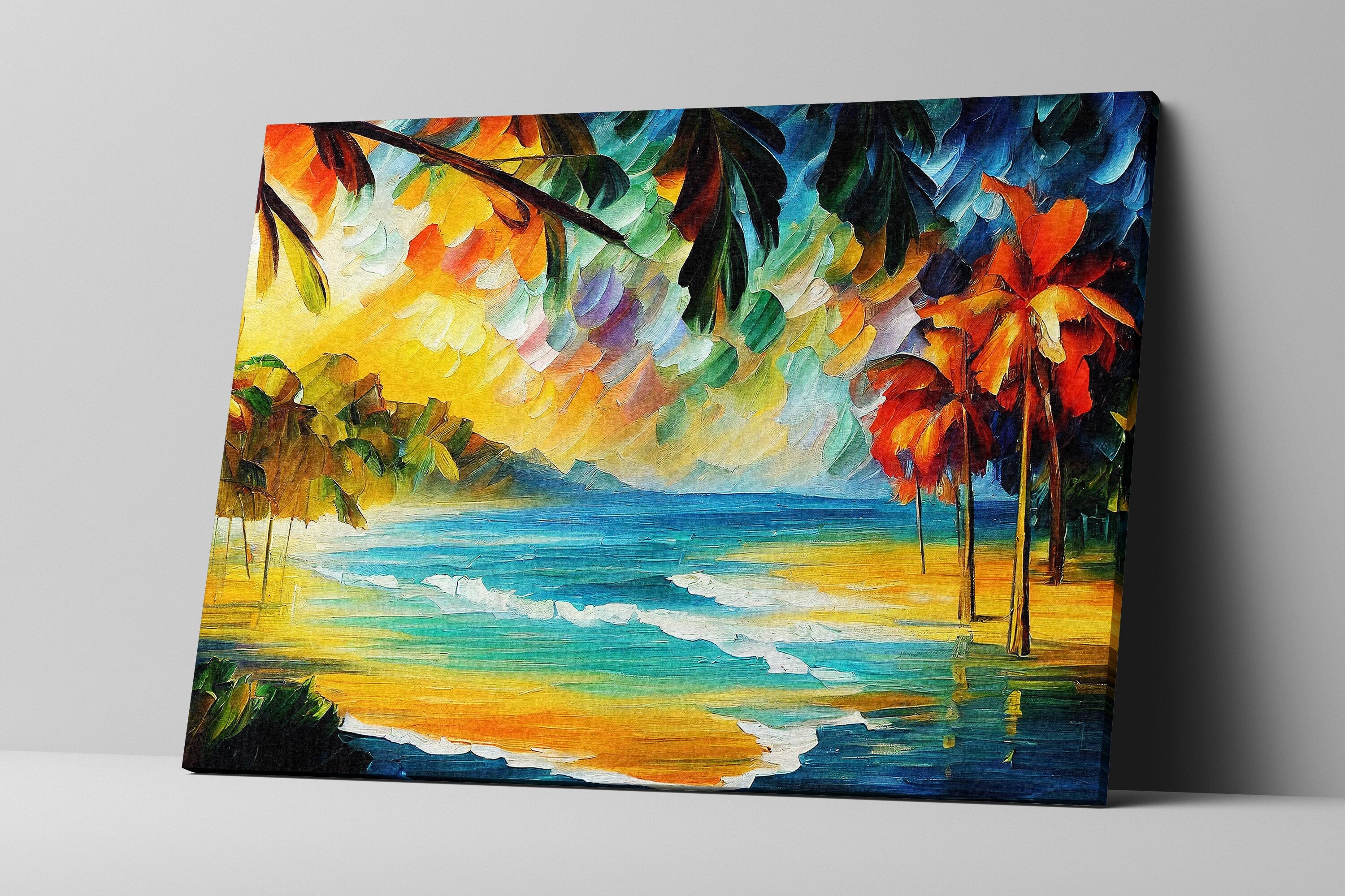 Tropical Beach Canvas – Vibrant Ocean Artwork on Wooden Frame, UV Coated Print