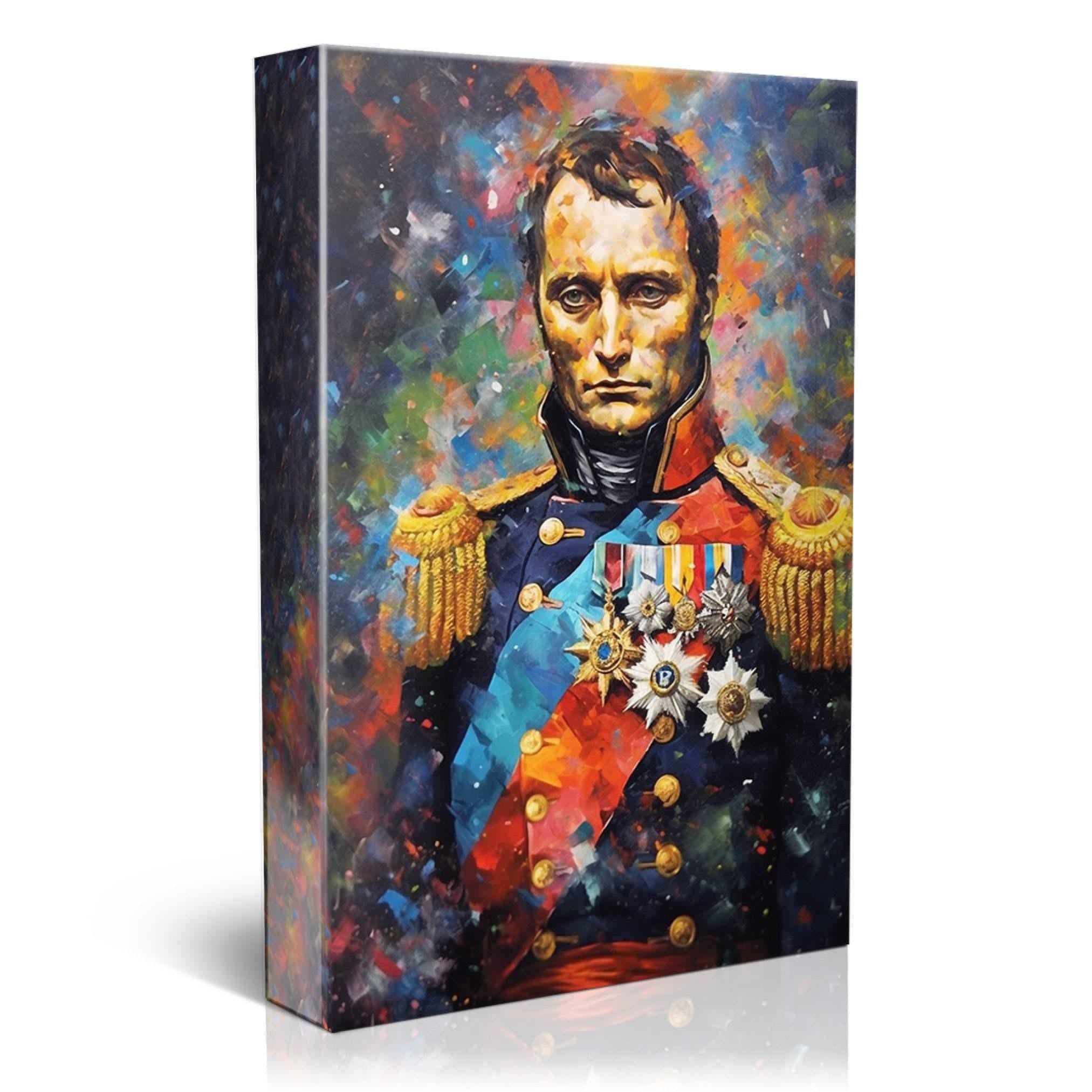 The image is a painting of a man wearing a military uniform with medals and insignia, set against a colorful, abstract background.