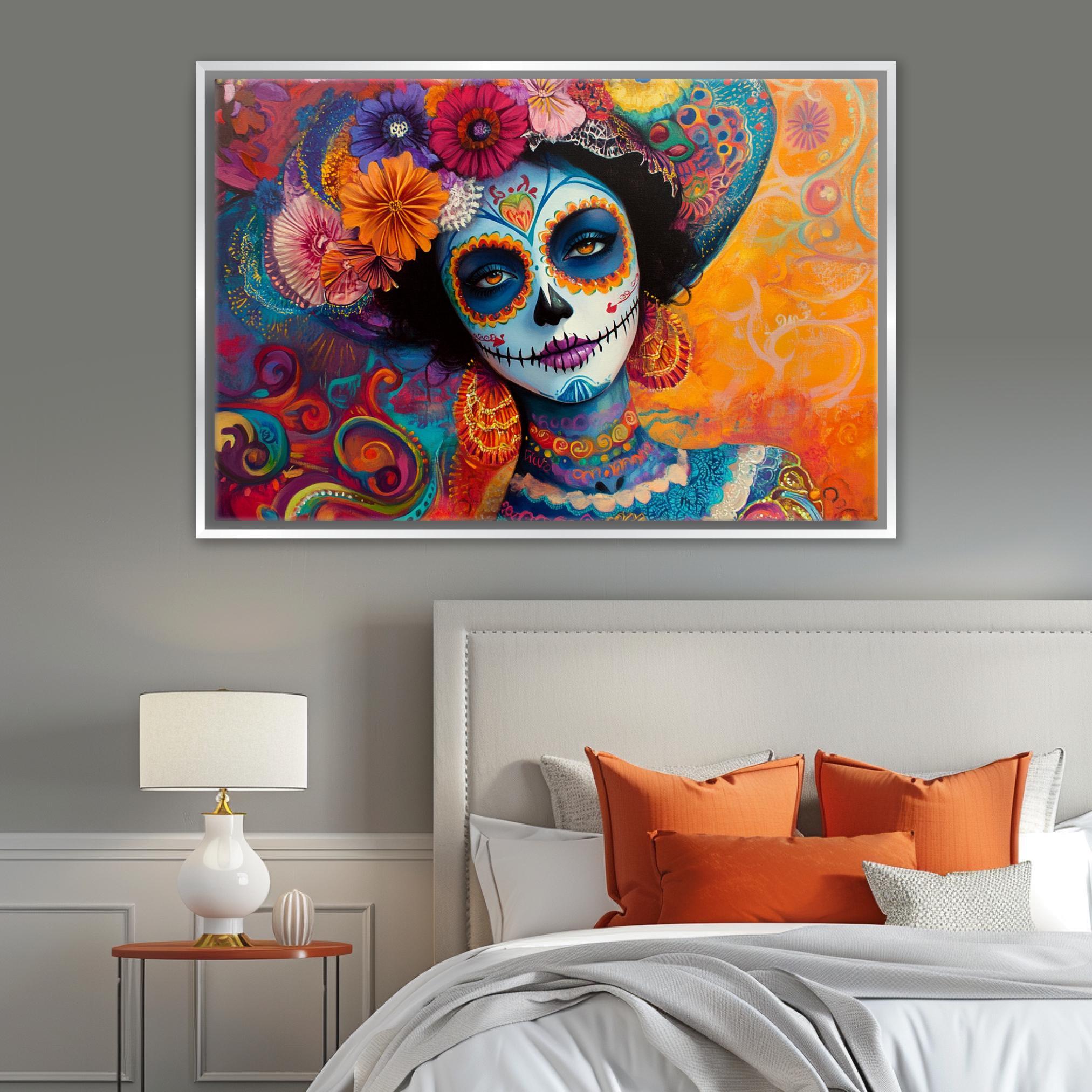 Day of the Dead Canvas - Colorful Wall Art | Extra Large Sugar Skull Print, Ready to Hang