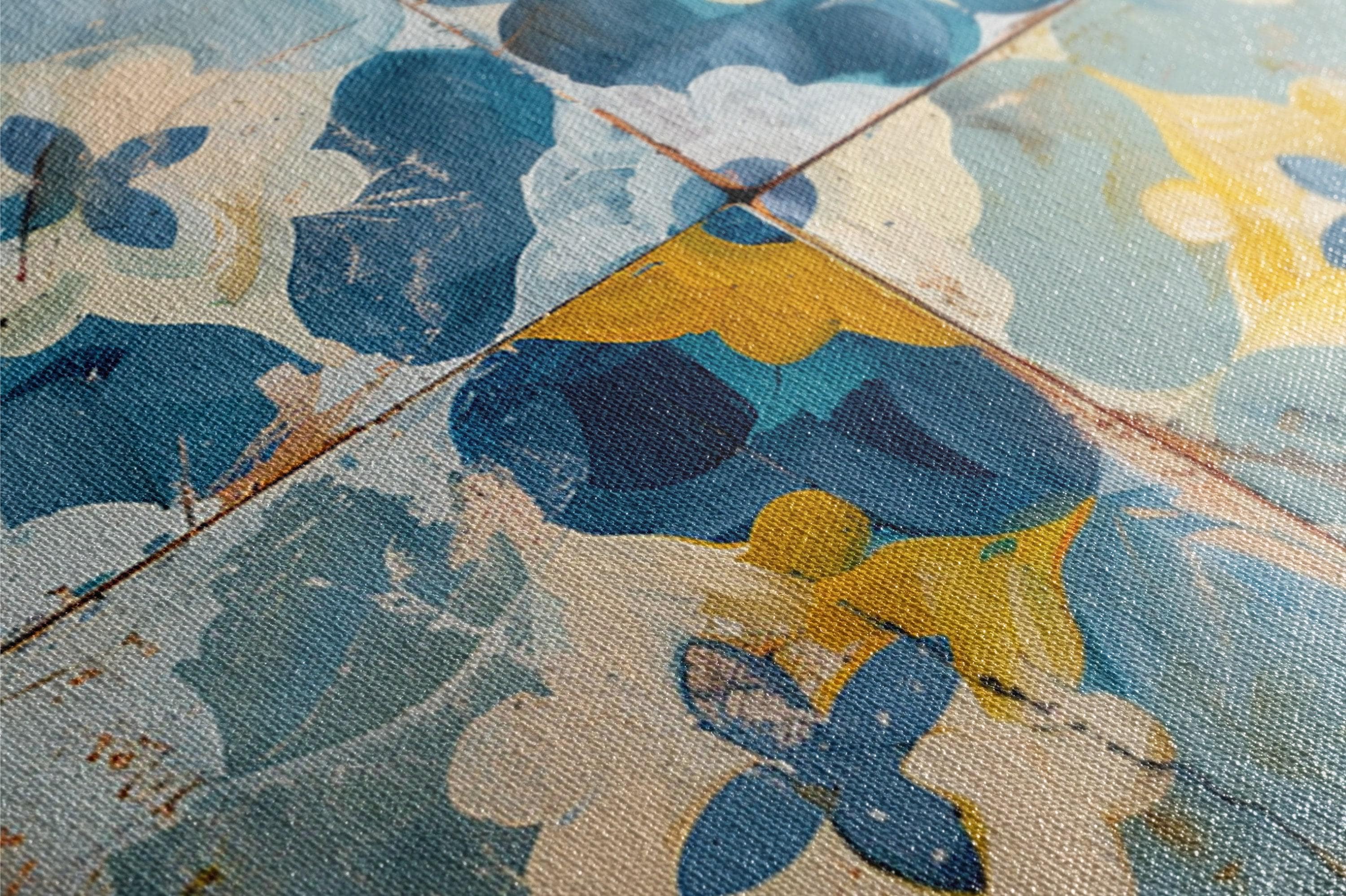 Farmhouse Wall Art – Blue Yellow Canvas Floral Tile Print on Gallery Wrapped Canvas