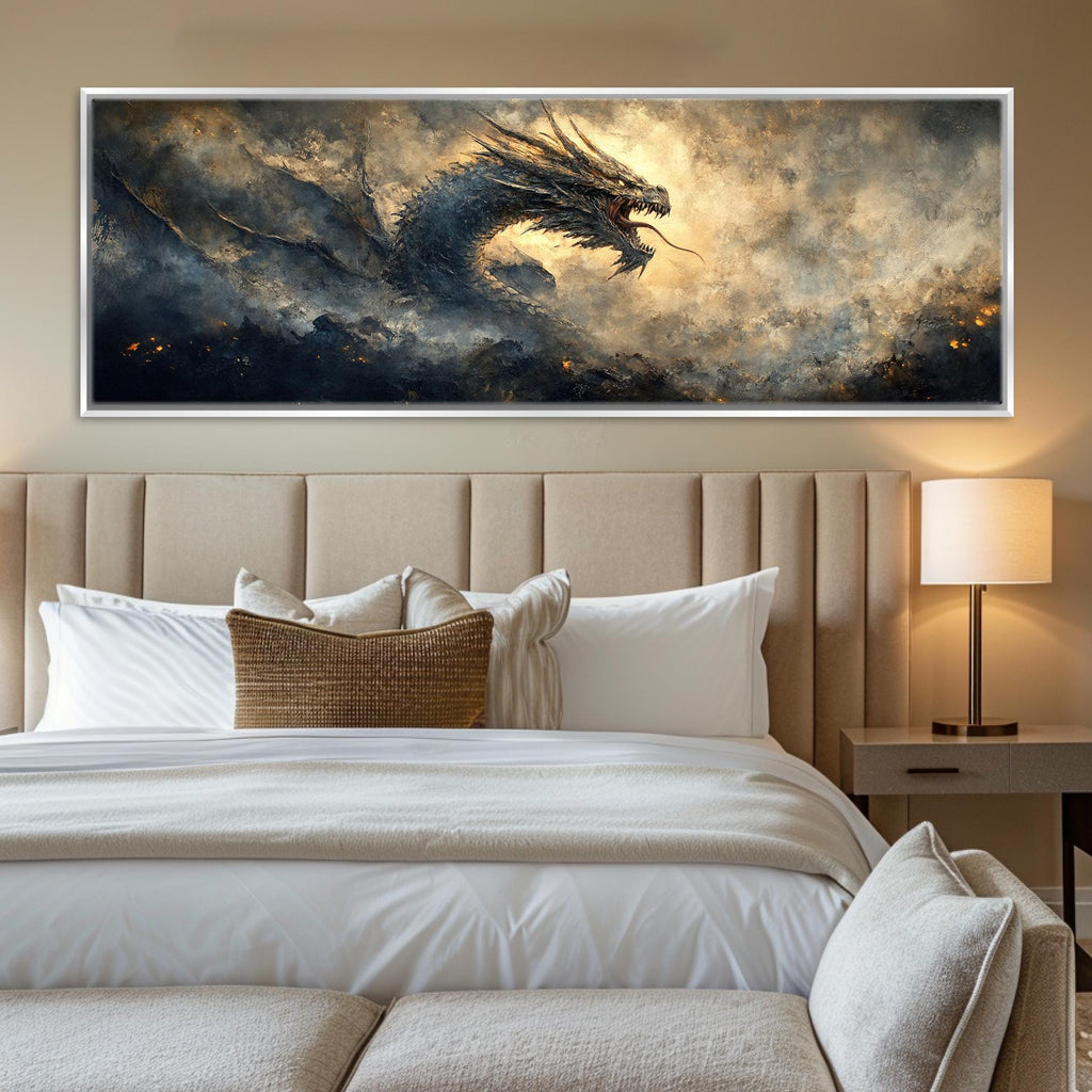 a large painting of a dragon on a wall above a bed