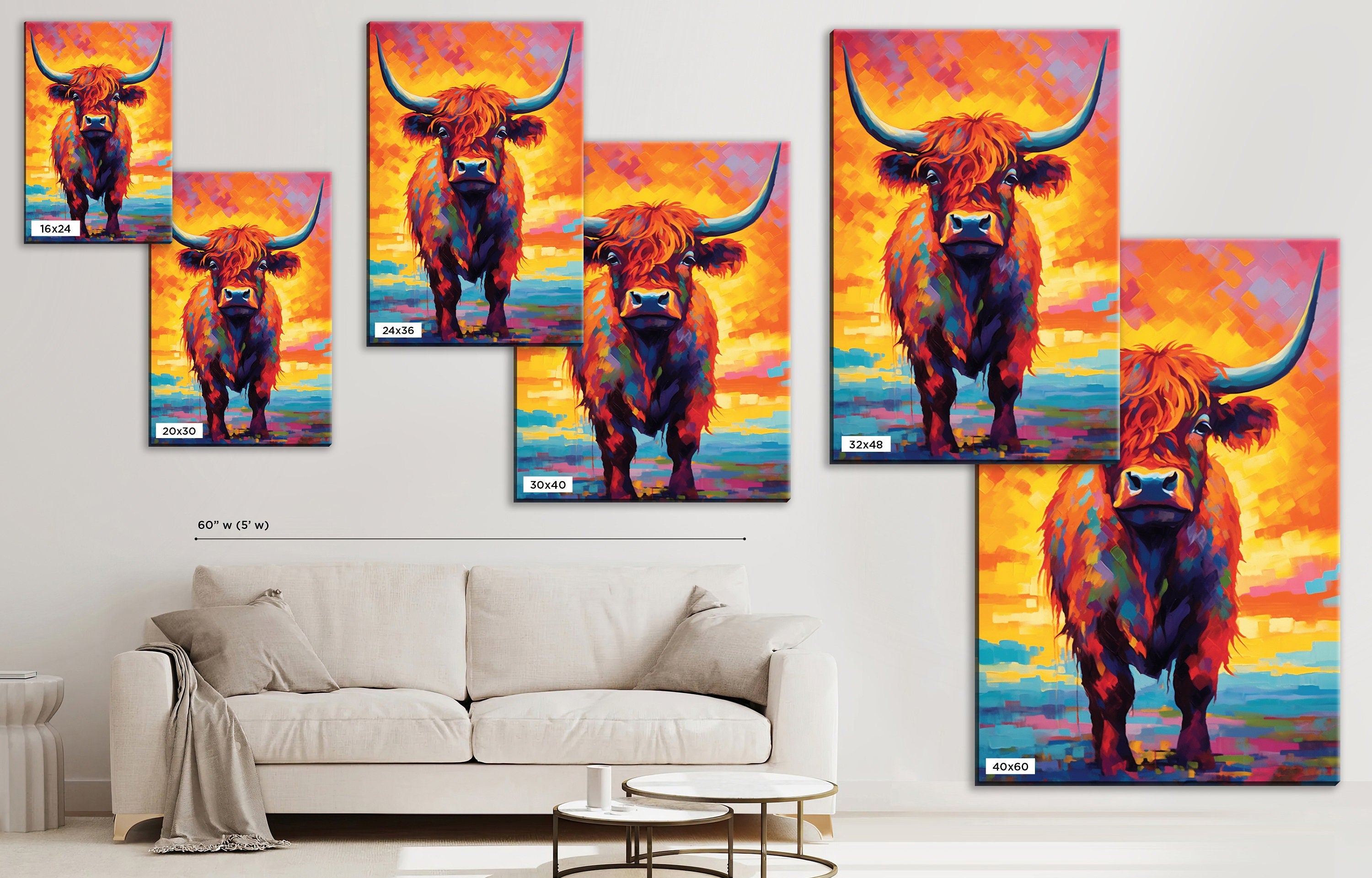 Highland Cow Canvas – Large Farmhouse Wall Art | Rustic Scottish Decor
