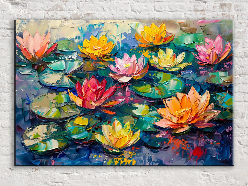 Water Lilies Canvas | Large Canvas Art - Oversized Botanical Wall Art in Impasto Painting Style