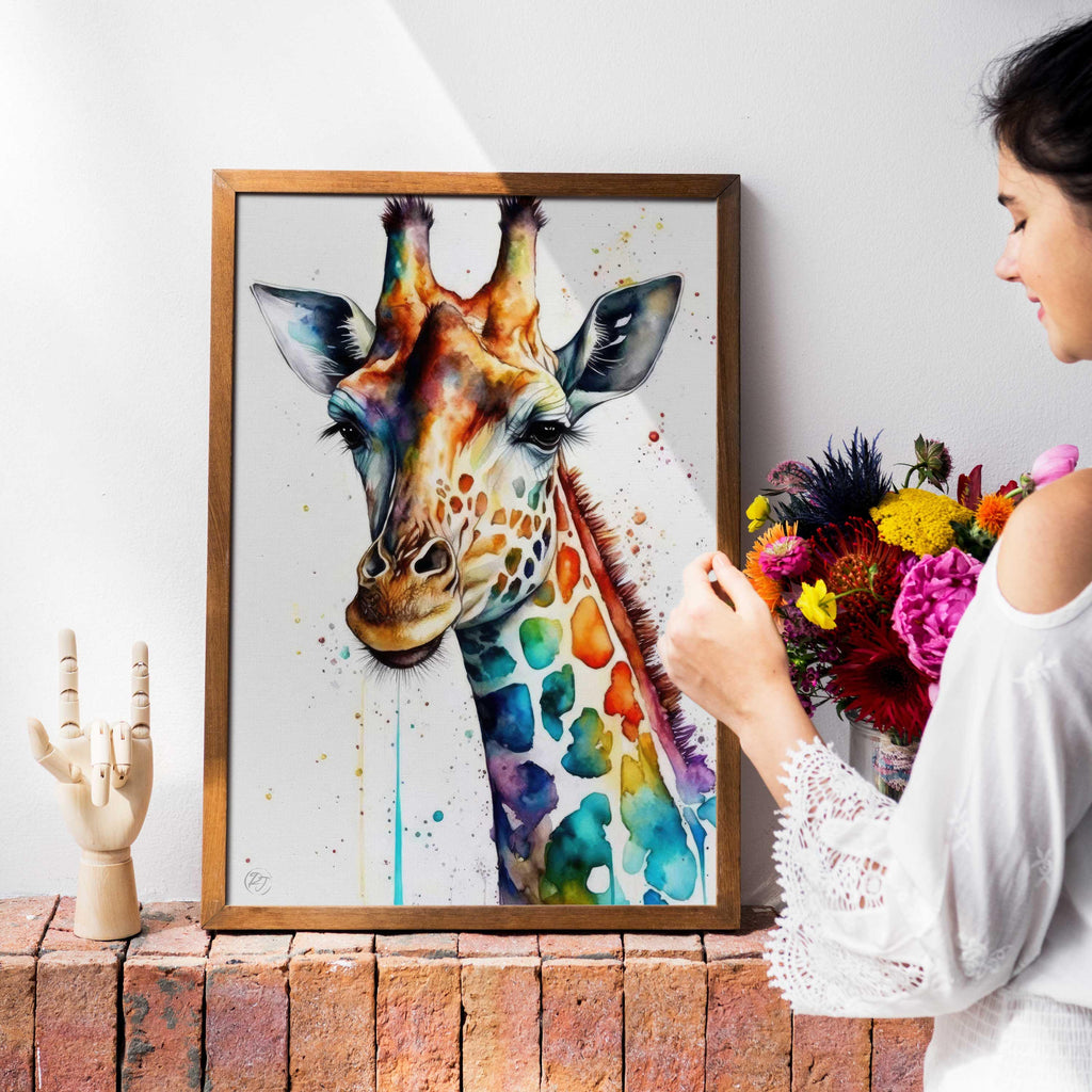 Giraffe Watercolor Art Print, Nursery Animal Canvas Print, Wildlife Framed Kids Wall Art