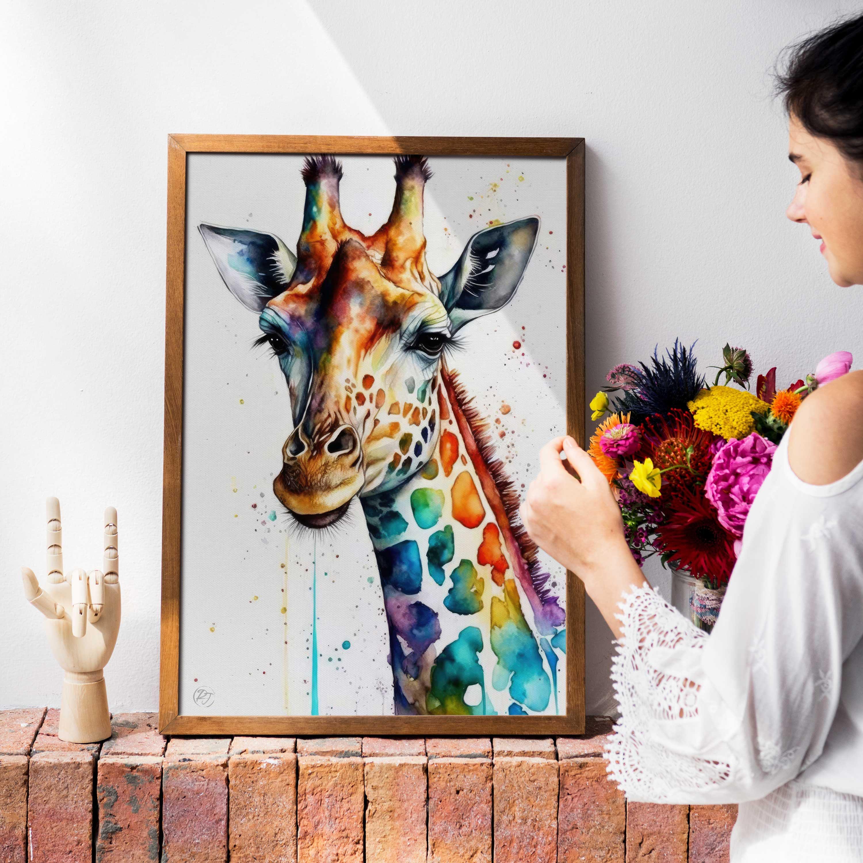 Giraffe Watercolor Art Print, Nursery Animal Canvas Print, Wildlife Framed Kids Wall Art