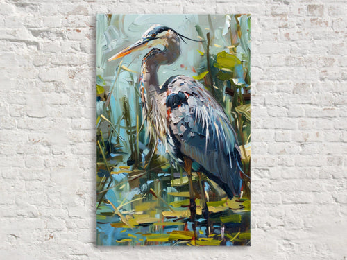 A painting of a heron standing in a pond surrounded by lush vegetation.