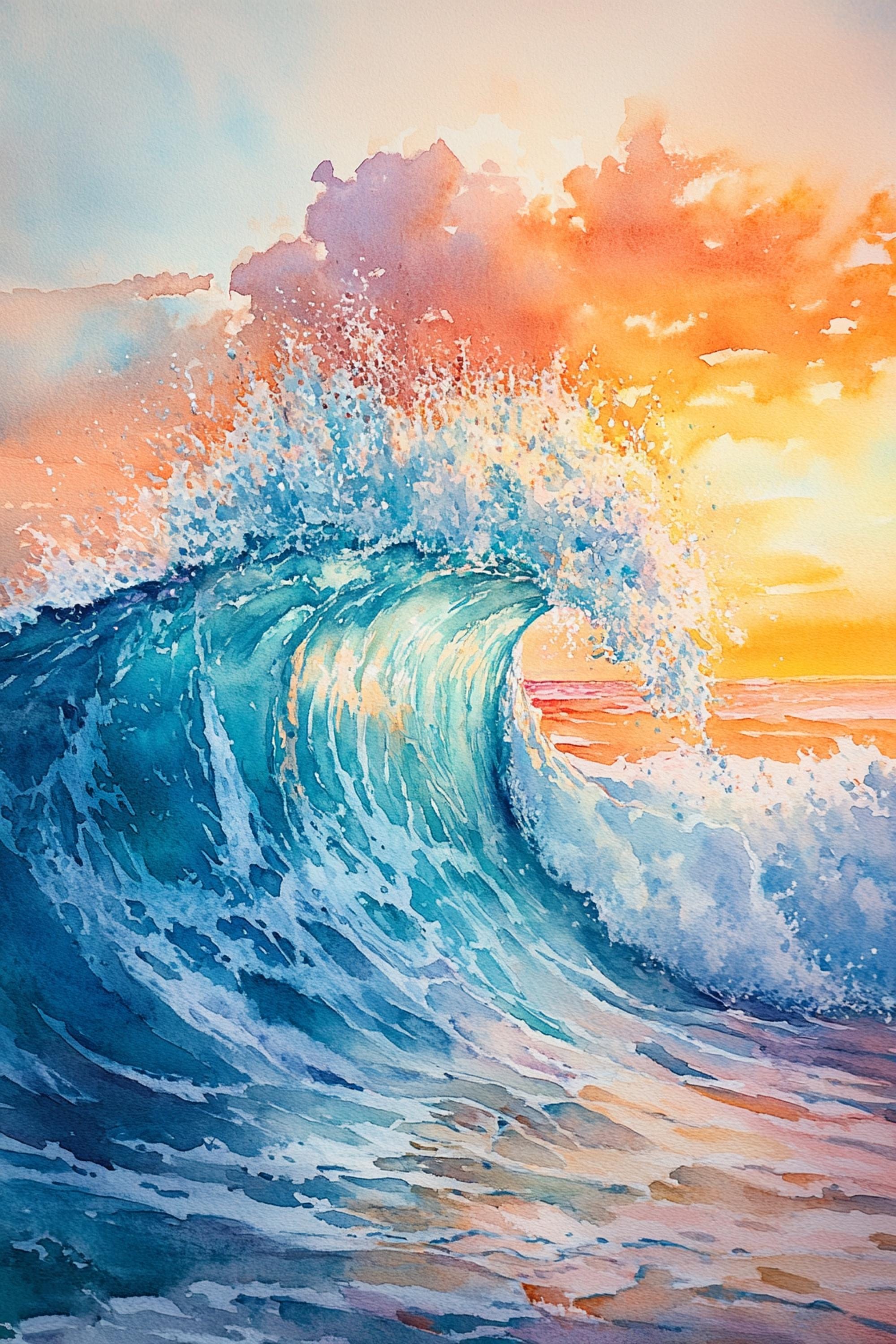 a large, powerful wave crashing against the shore, with the water in shades of blue and white and the sky painted in warm hues of orange and pink.