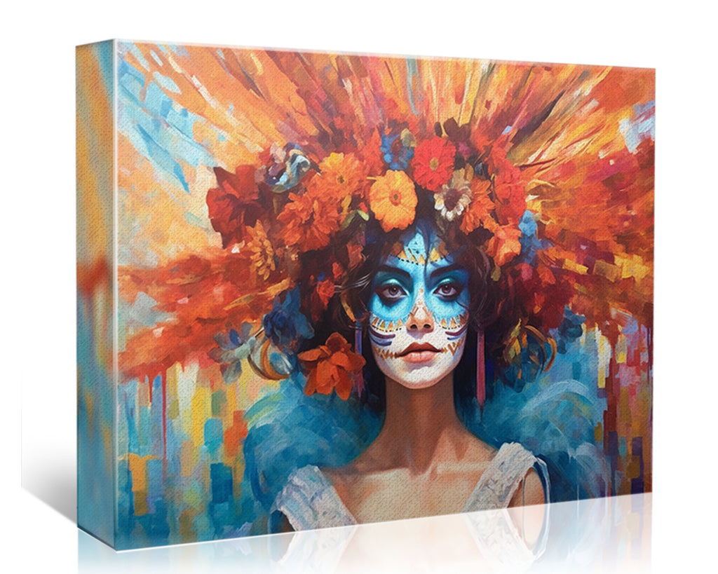 Day of the Dead Art - Large Canvas Sugar Skull Wall Art With Vibrant Flower Hair