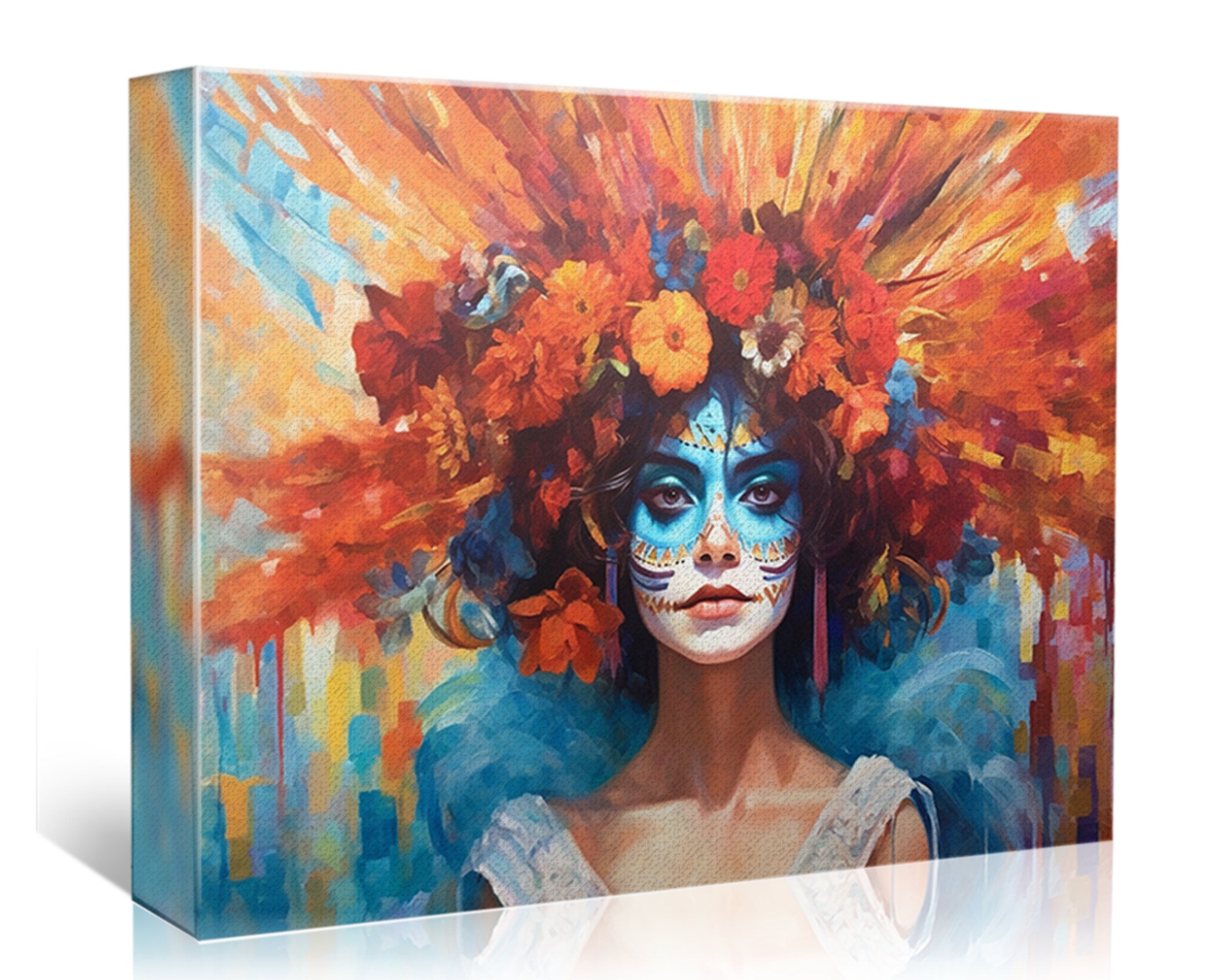 Day of the Dead Art - Large Canvas Sugar Skull Wall Art With Vibrant Flower Hair