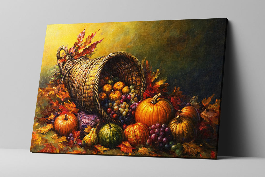 a basket overflowing with a variety of fruits and vegetables, including pumpkins, grapes, and apples, set against a backdrop of autumn leaves.