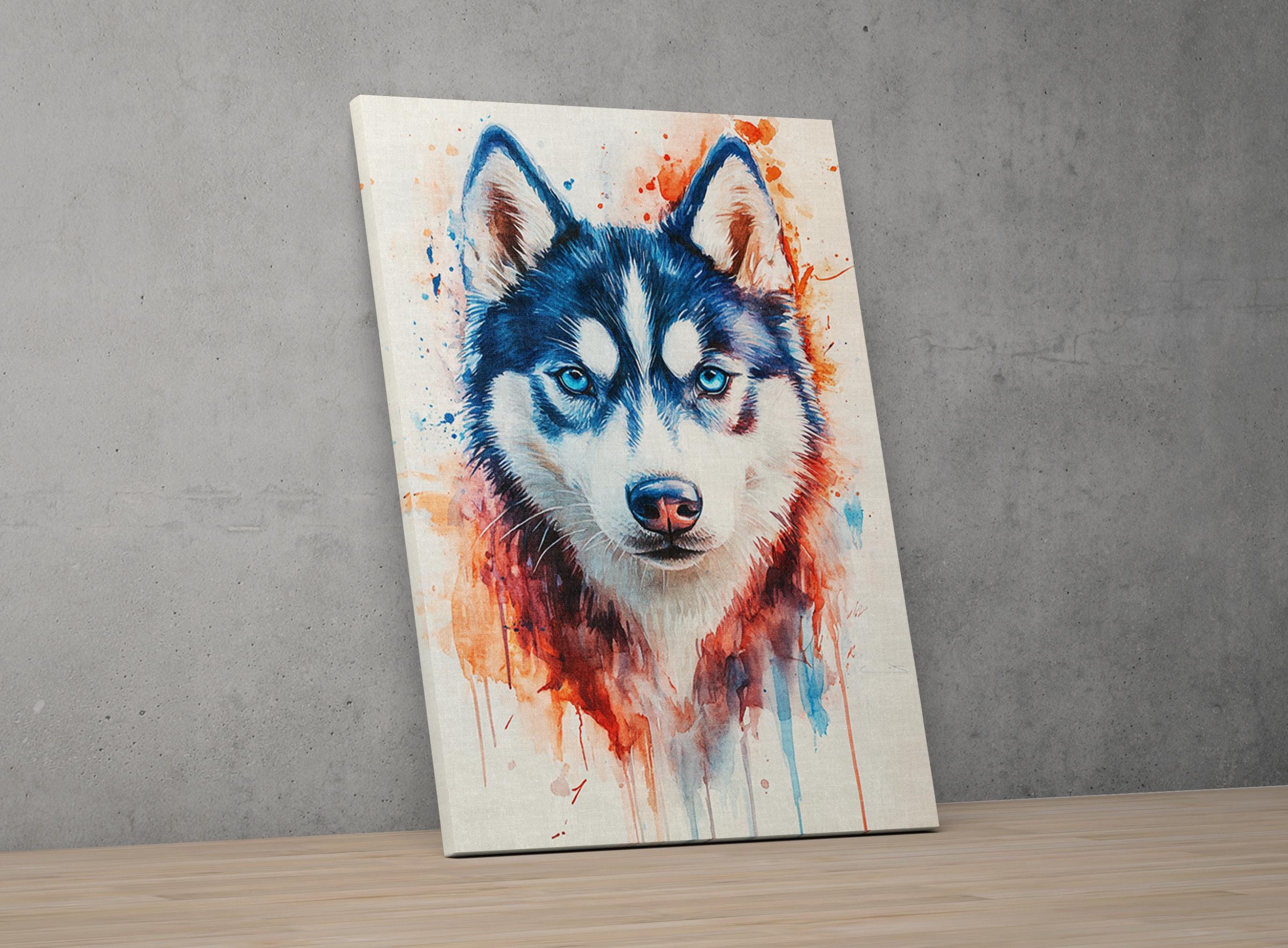 A painting of a husky dog with a blue and white color scheme, featuring splashes of red and orange paint.