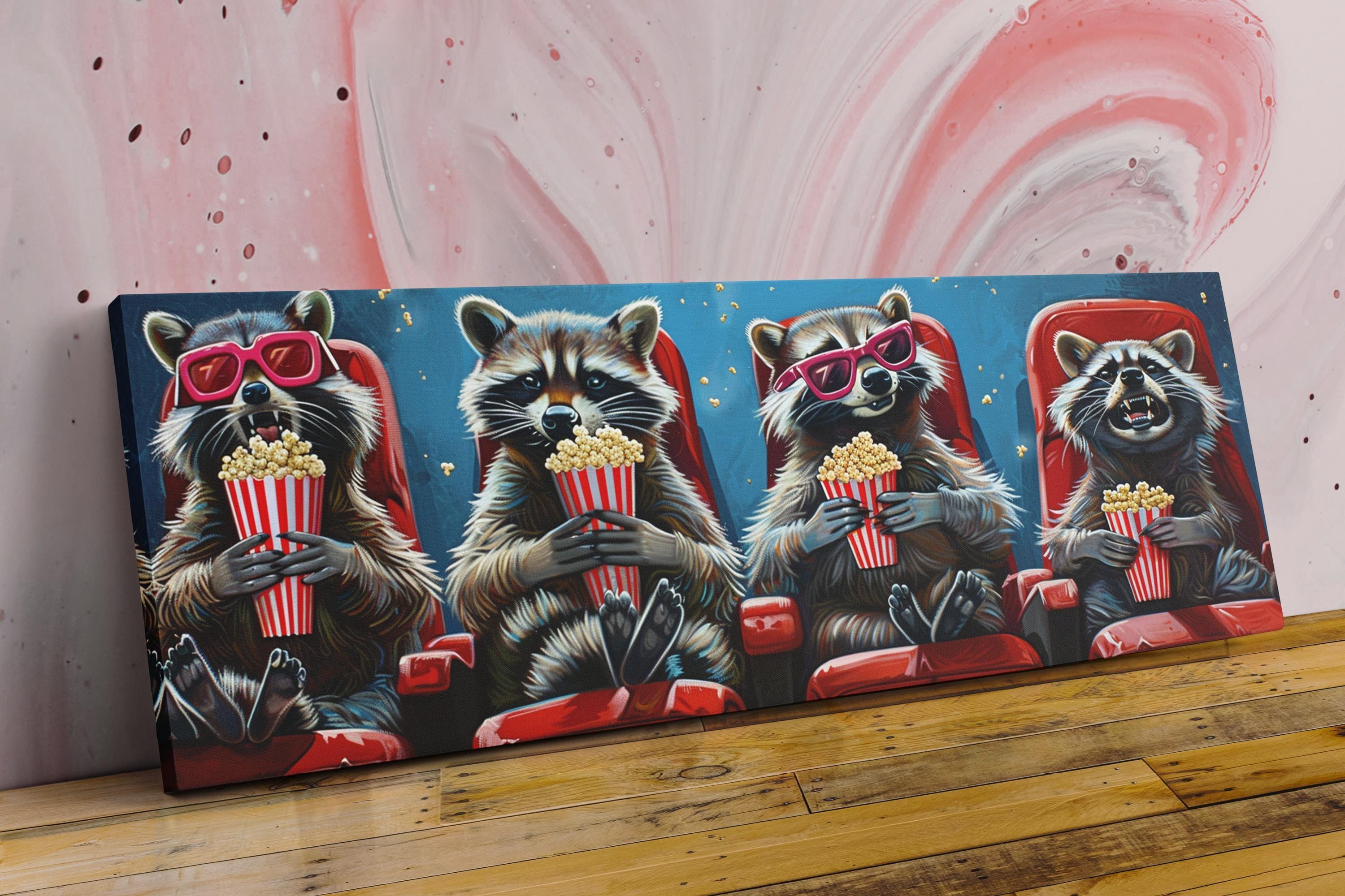 Panoramic Wall Art - Funny Raccoons Movie Theater Decor | Extra Large Canvas Ready to Hang