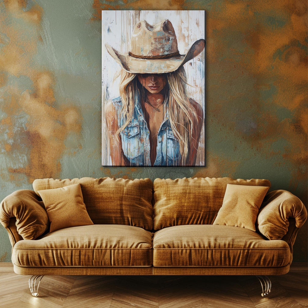 a painting of a woman wearing a cowboy hat