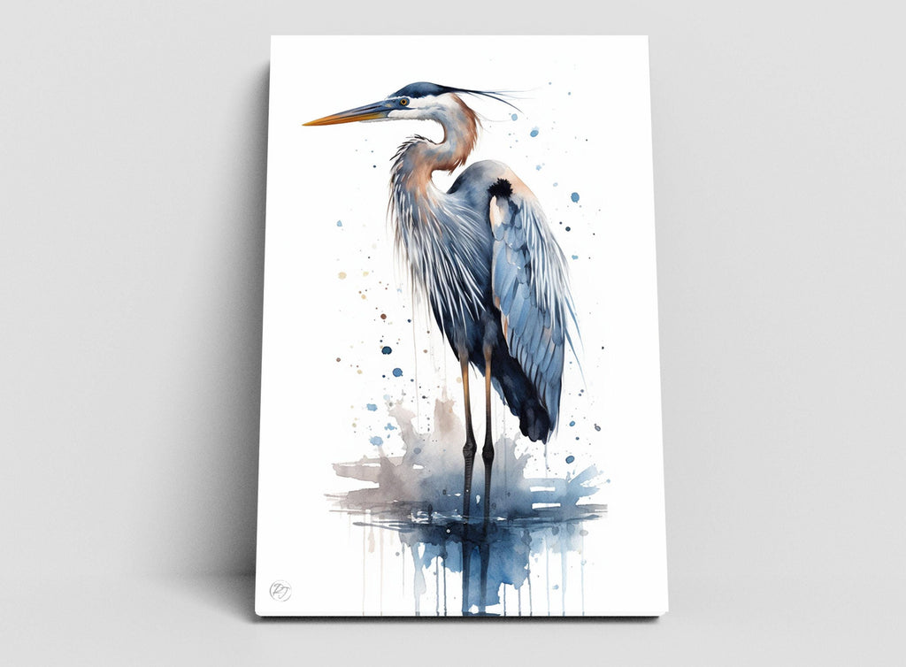 Tranquil Guardian: Blue Heron Watercolor Wall Art, Giclee Print on Canvas, Artist Paper, Watercolor Paper, Available in Extra Large Sizes