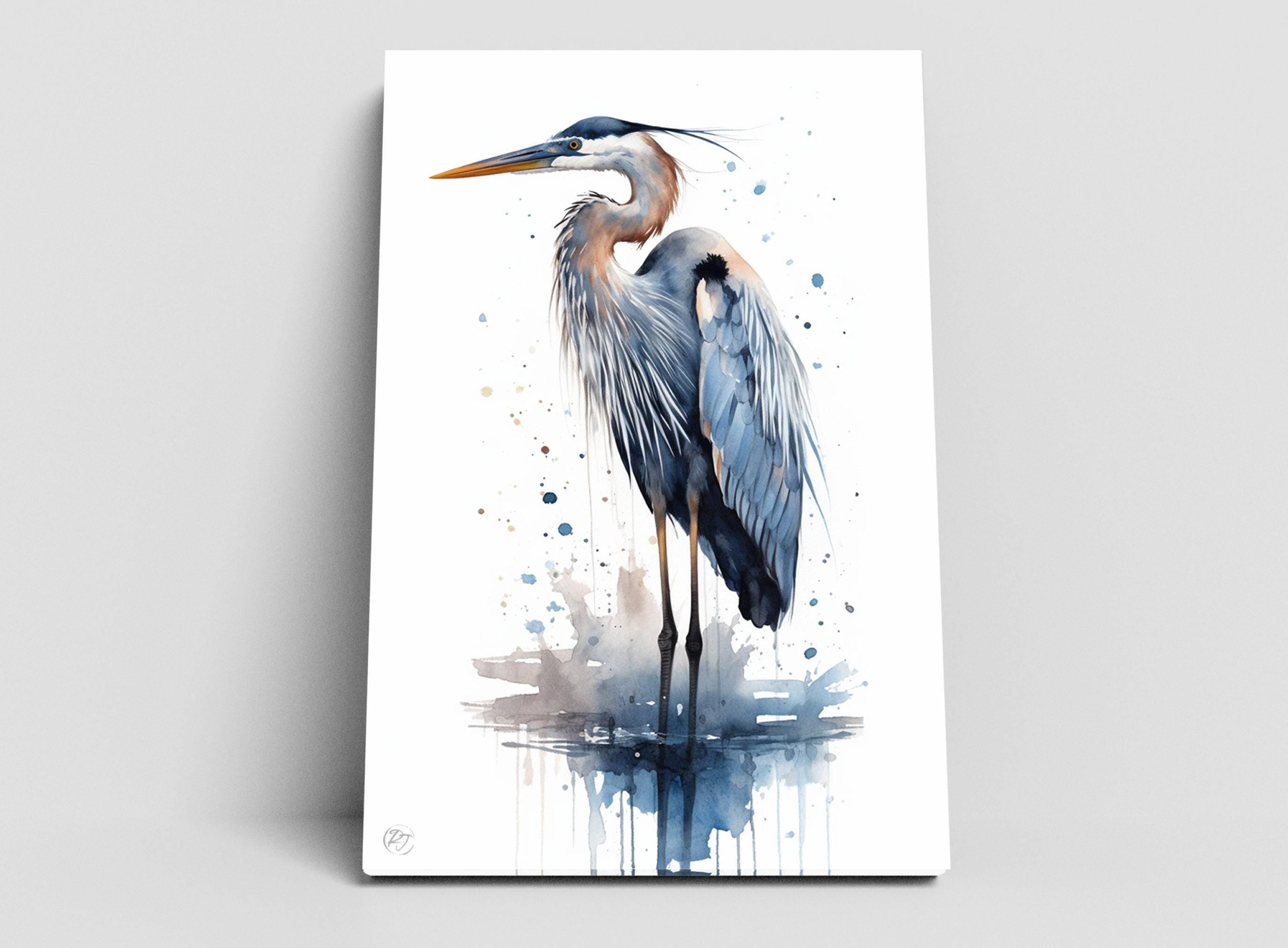 Tranquil Guardian: Blue Heron Watercolor Wall Art, Giclee Print on Canvas, Artist Paper, Watercolor Paper, Available in Extra Large Sizes