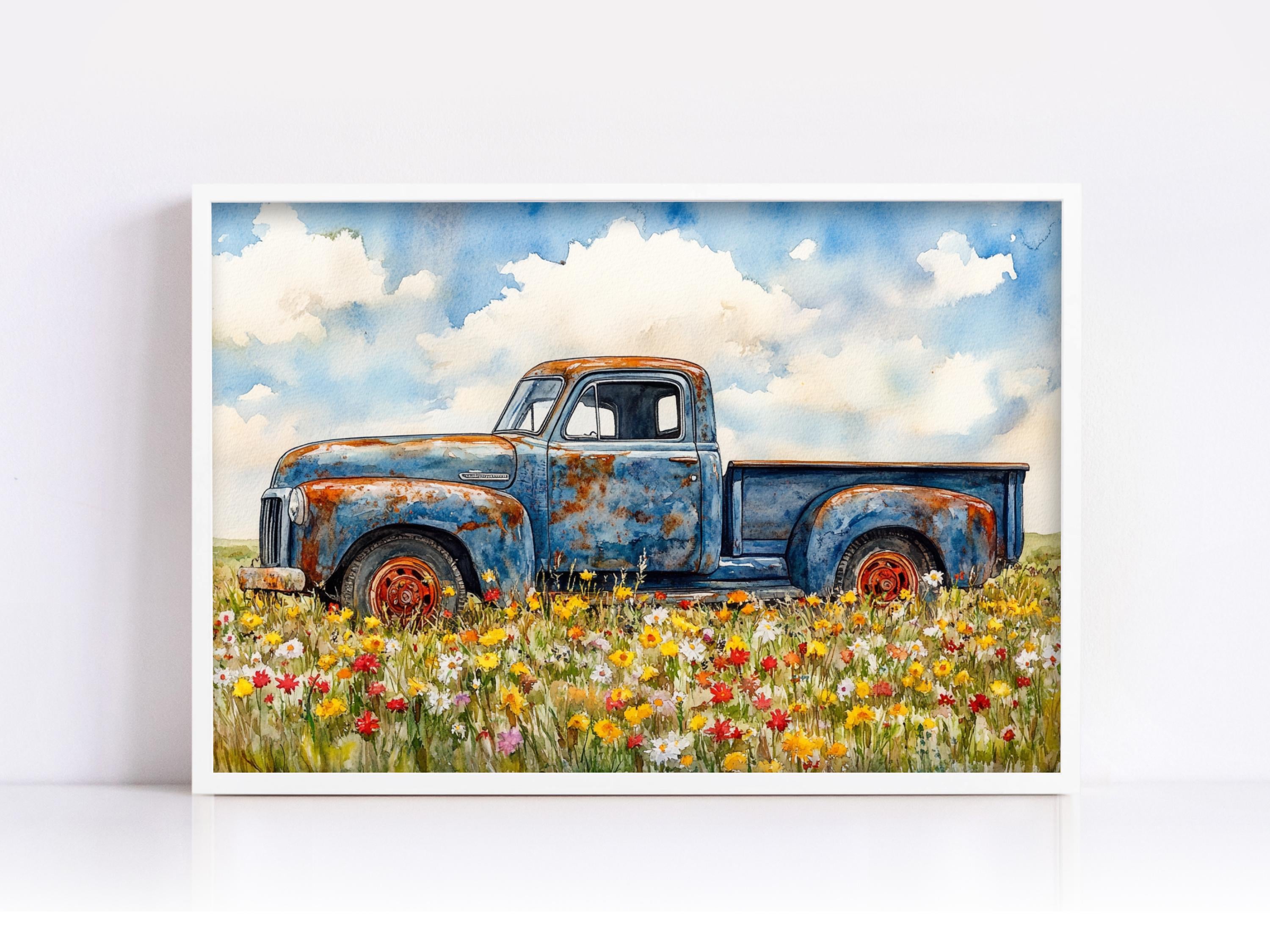 An old, rusted blue pickup truck is parked in a field of colorful wildflowers, set against a backdrop of a cloudy sky.
