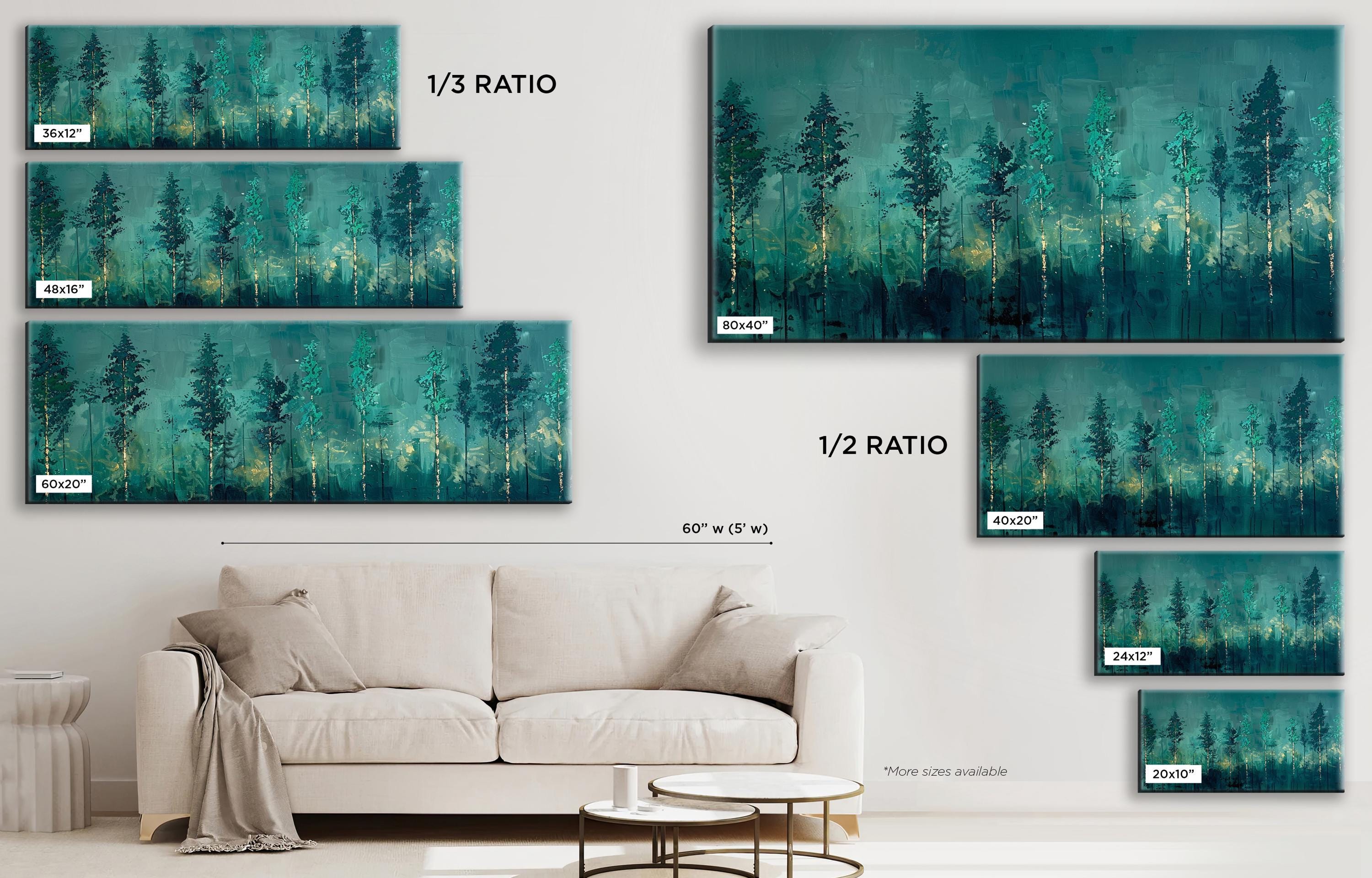 a living room with a white couch and a green painting on the wall