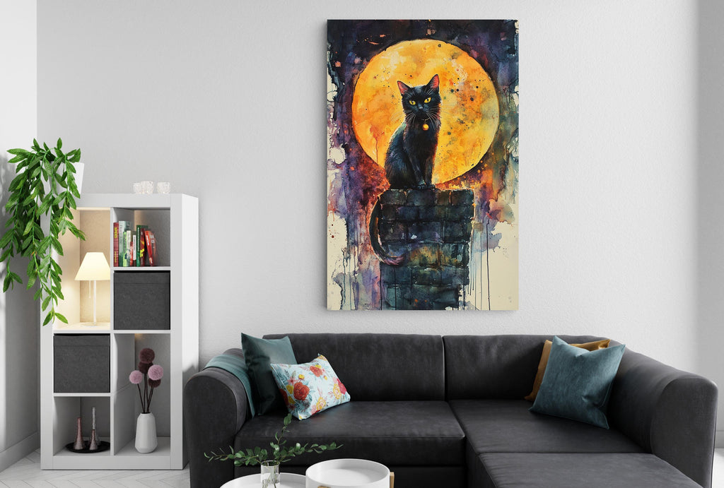 a living room with a black cat sitting on a ledge, a large painting of a cat on a wall, a bookshelf, a couch, and a potted plant.