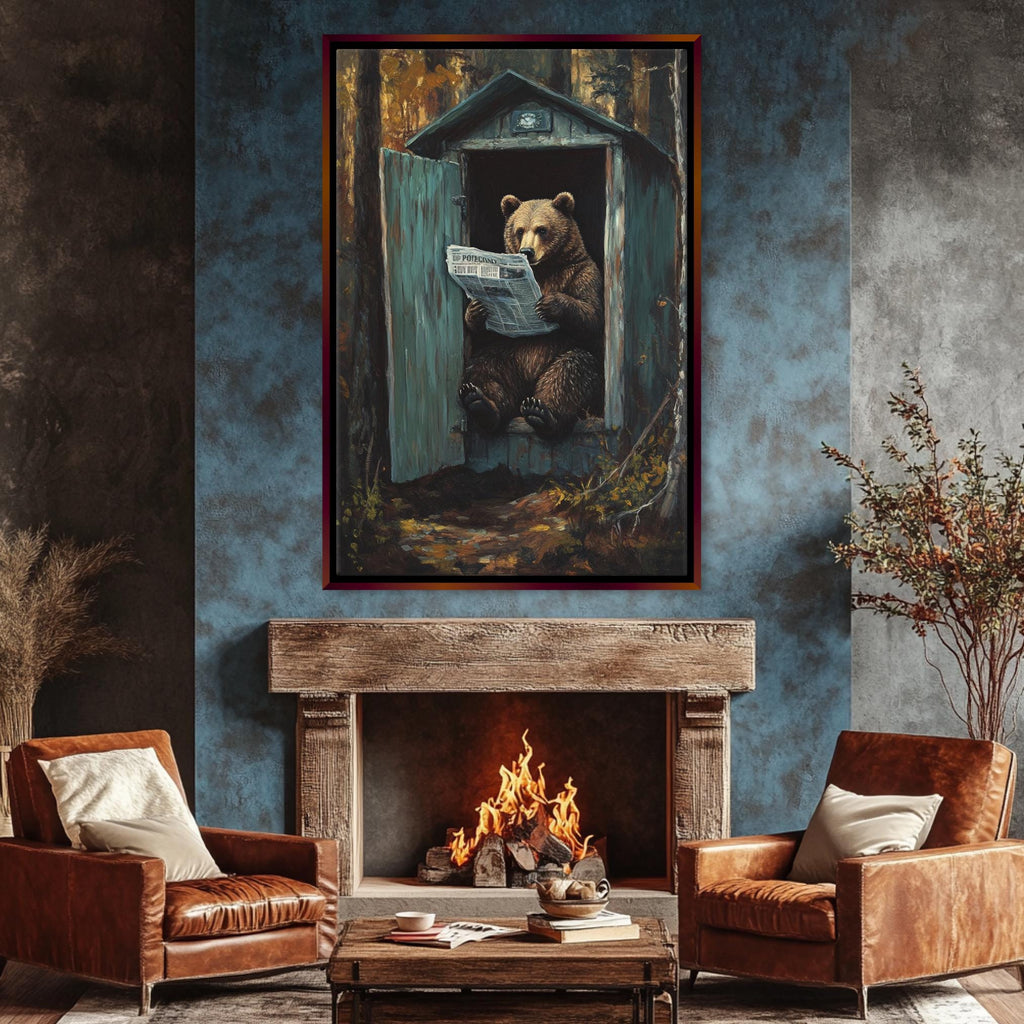 a living room with a fireplace and a painting on the wall