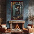 a living room with a fireplace and a painting on the wall