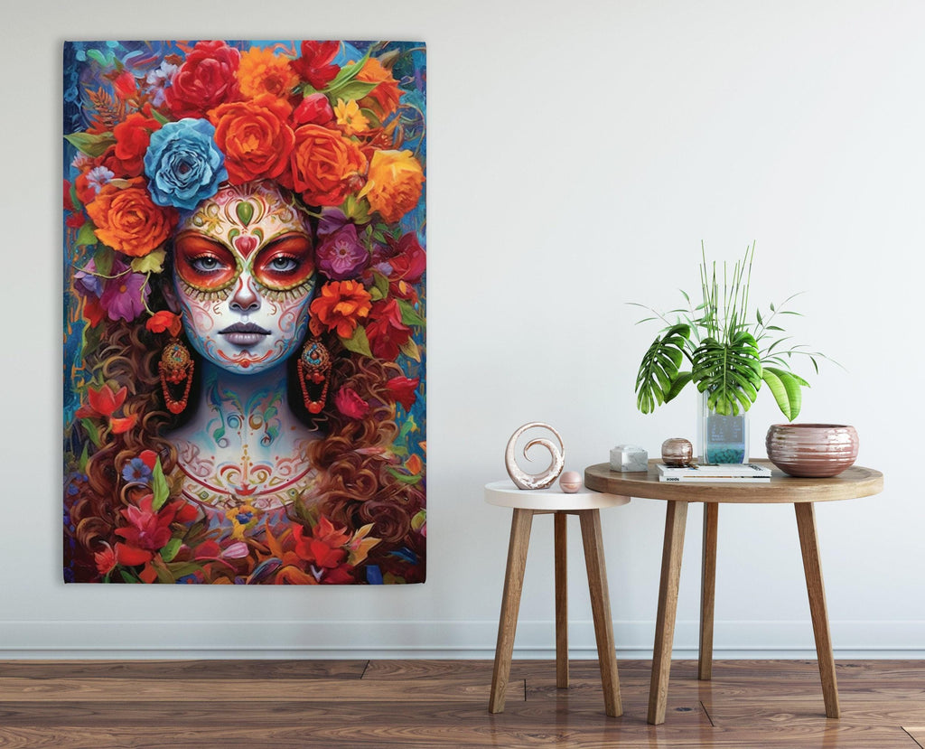 Sugar Skull Wall Art – Floral Skull Canvas Featuring Vibrant Mexican Remembrance Painting