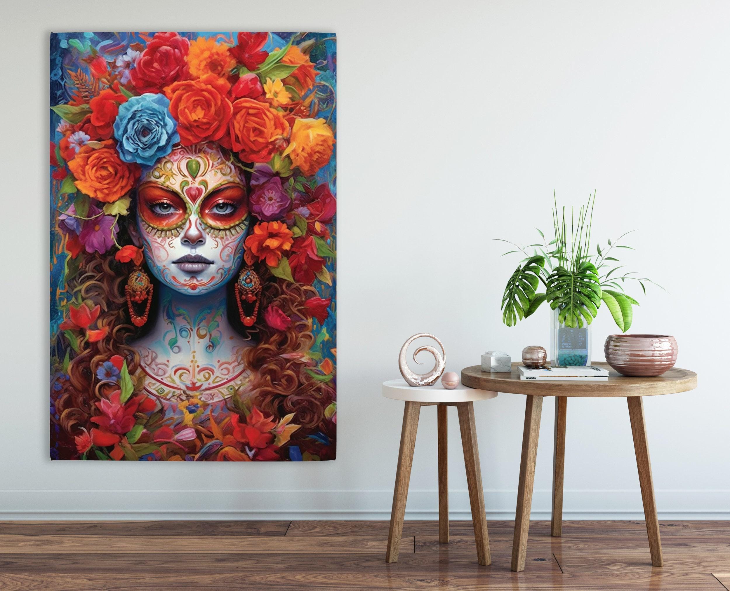 Sugar Skull Wall Art – Floral Skull Canvas Featuring Vibrant Mexican Remembrance Painting