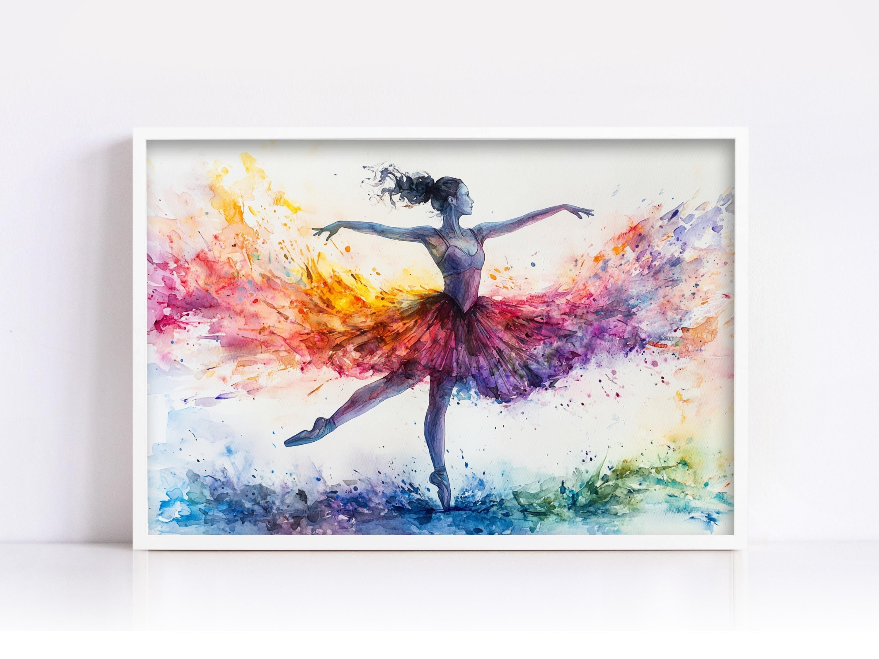 A watercolor painting of a ballerina in a colorful tutu, with her arms outstretched and her hair flowing, set against a background of vibrant, abstract splashes of color.