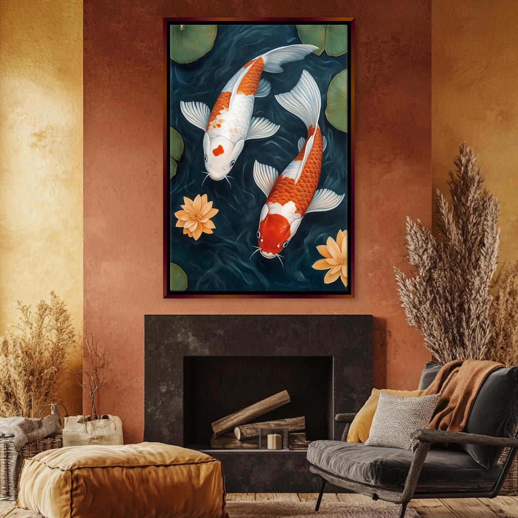 a living room with a fire place and a painting of a koi fish