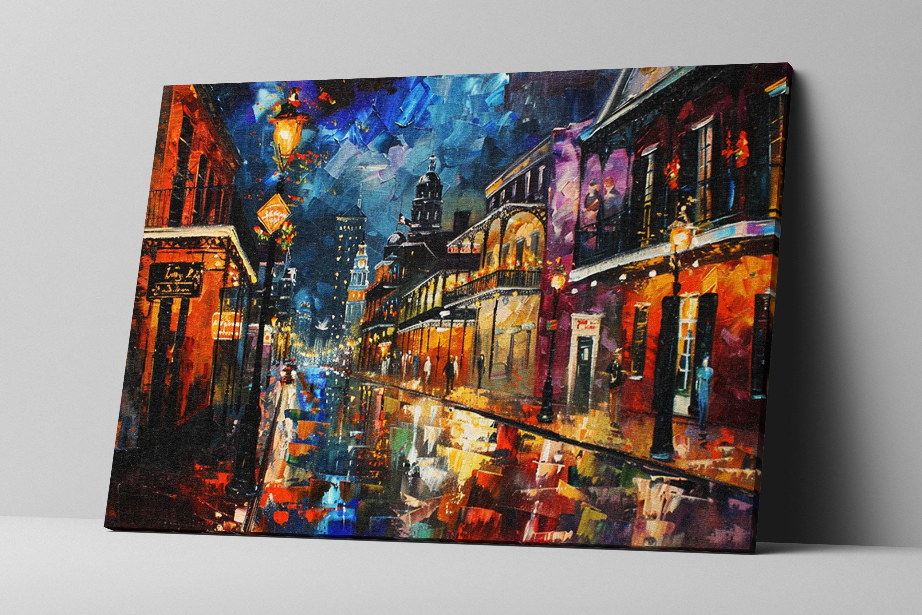 The image is a vibrant and colorful painting depicting a lively city street scene at night, with buildings, street lamps, and people visible.