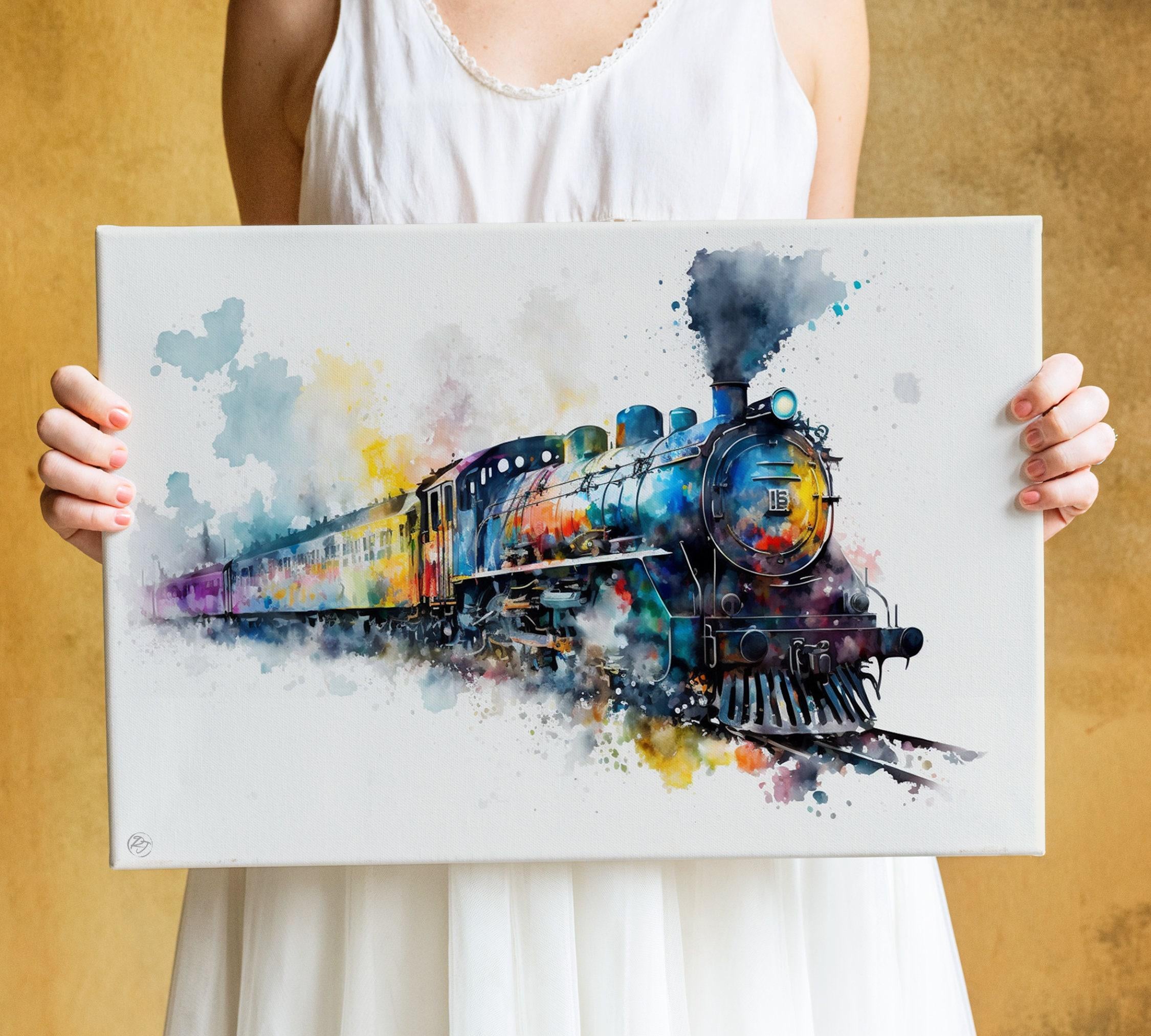 Vintage Locomotive: Watercolor Train Wall Art Print, Giclee Print on Canvas, Artist Paper, Watercolor Paper, Available in Extra Large Sizes