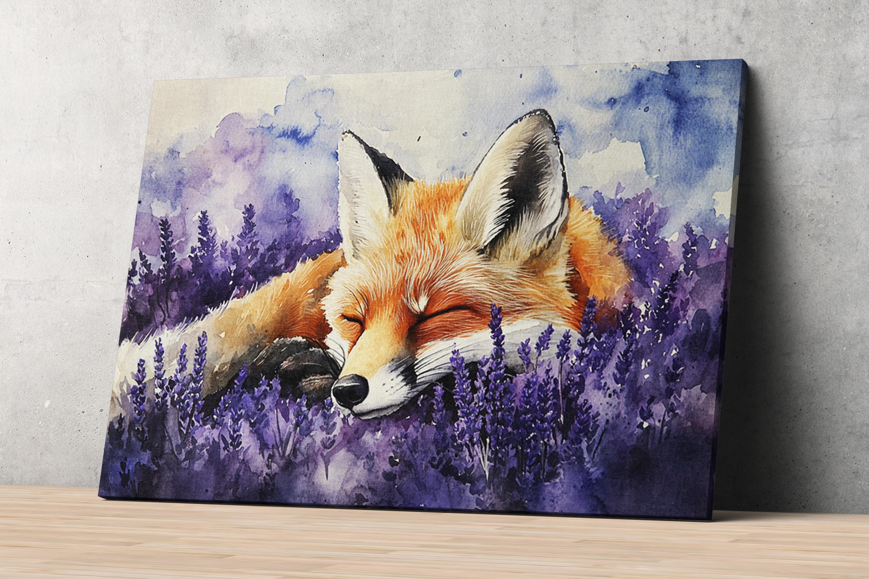 A painting of a sleeping fox resting in a field of purple flowers.