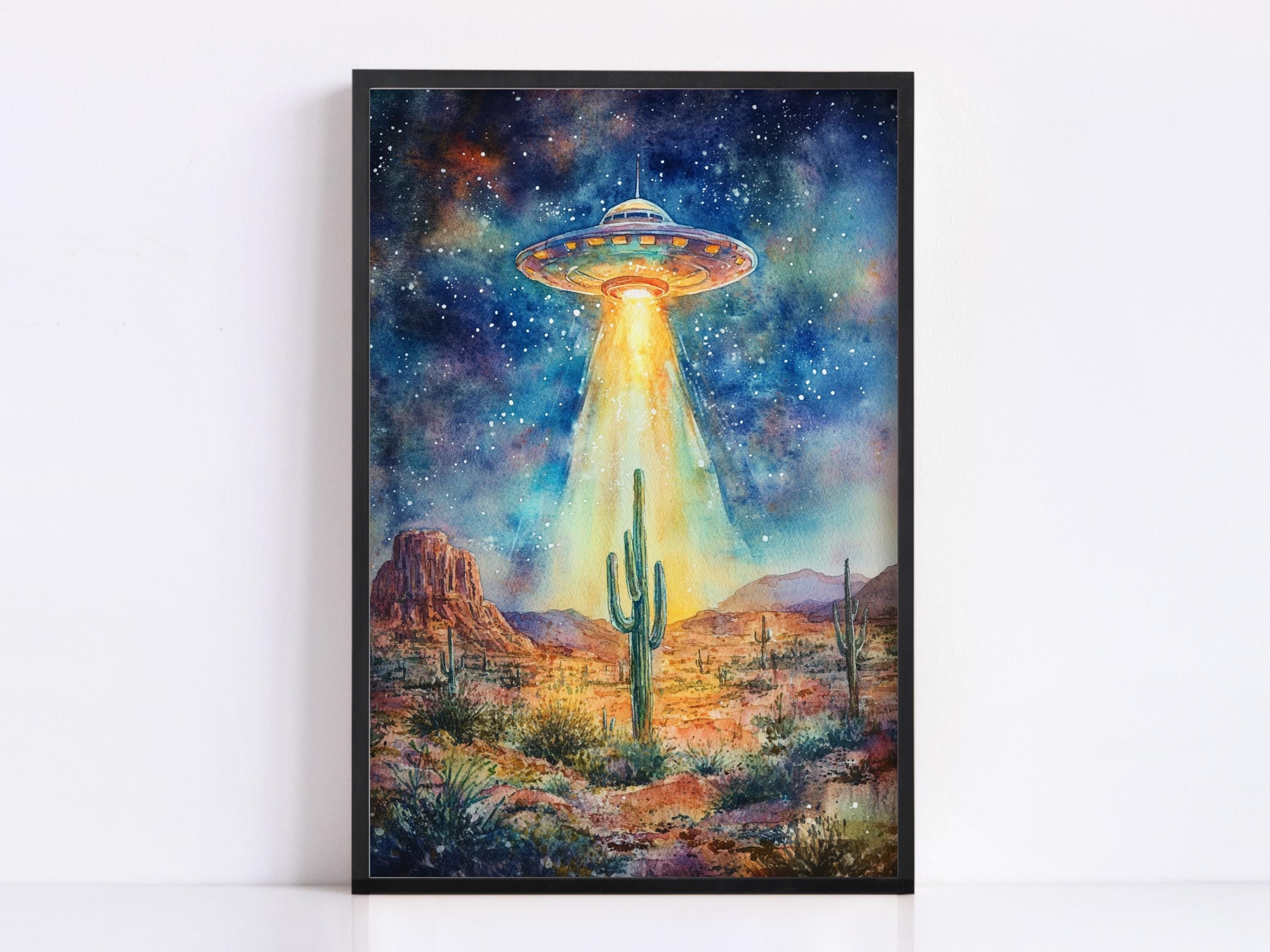 a large, colorful alien spacecraft hovering over a desert landscape with cacti and mountains in the background, creating a surreal and fantastical scene.