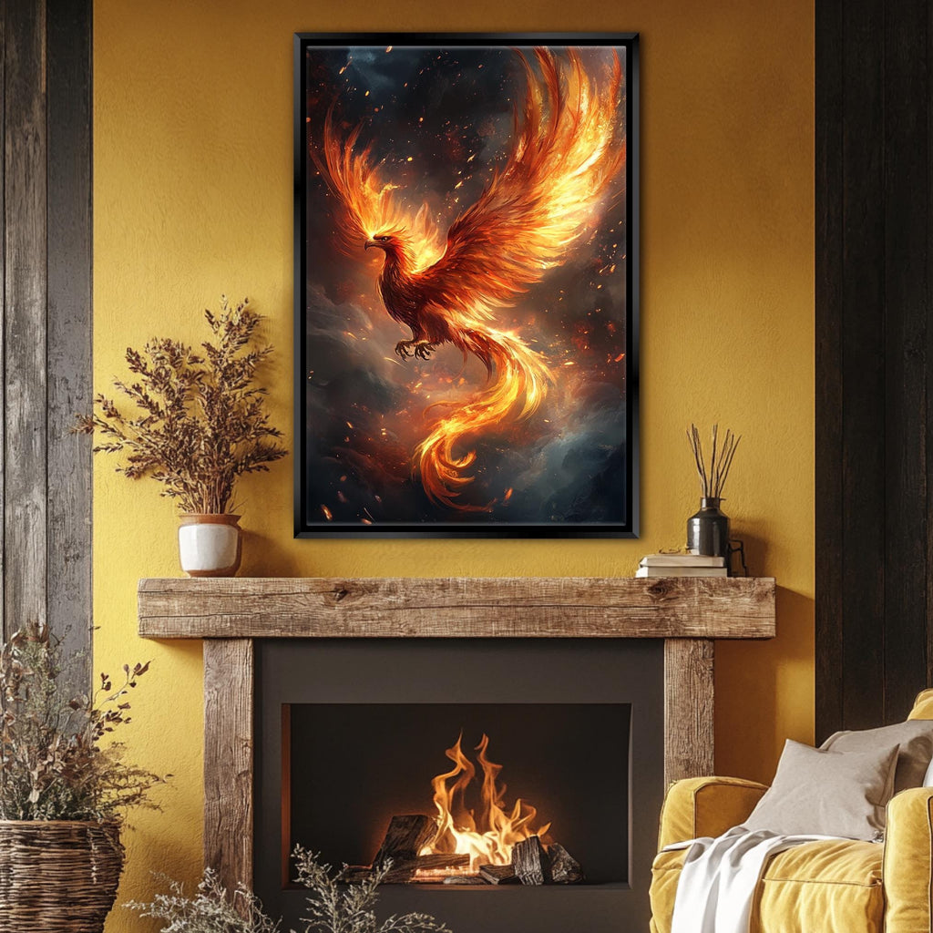 a living room with a firebird painting on the wall