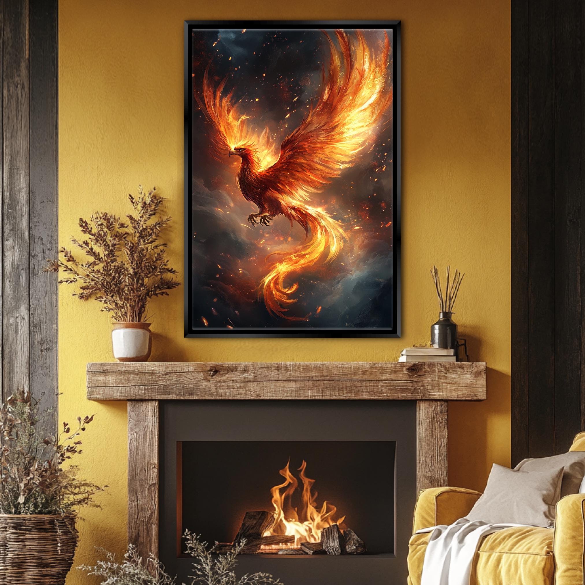 a living room with a firebird painting on the wall