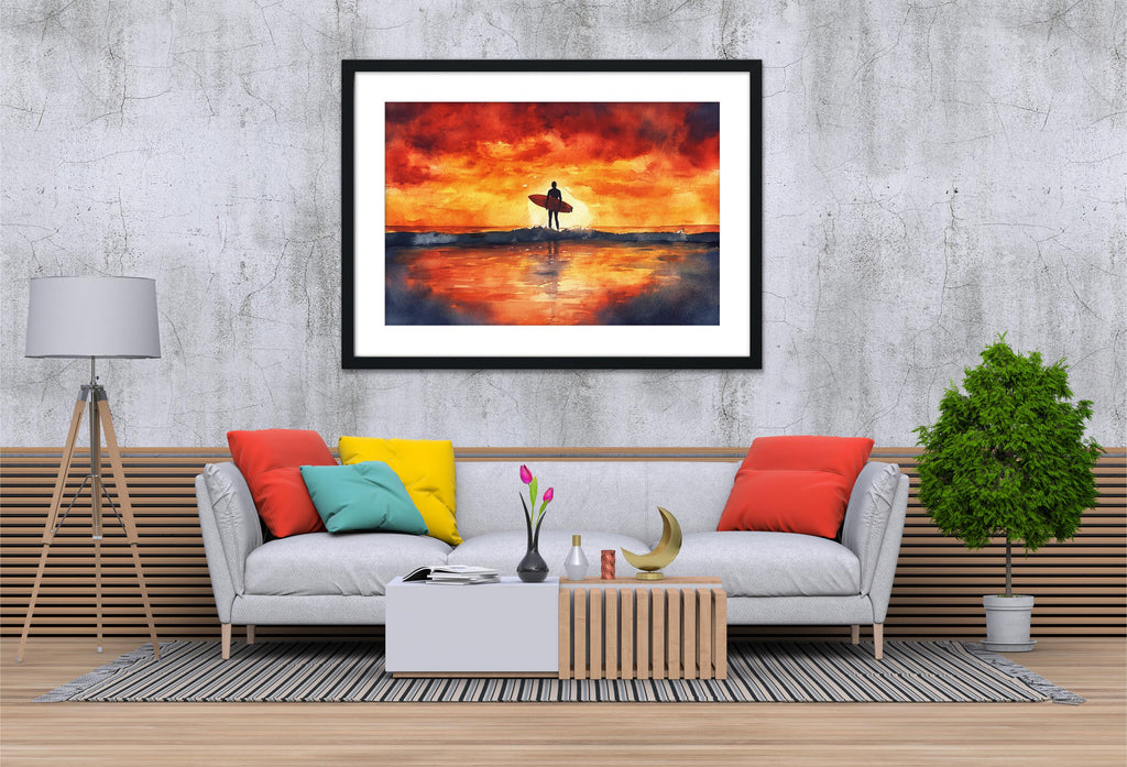 a living room with a gray sofa, a coffee table, and a framed painting of a surfer on the wall.