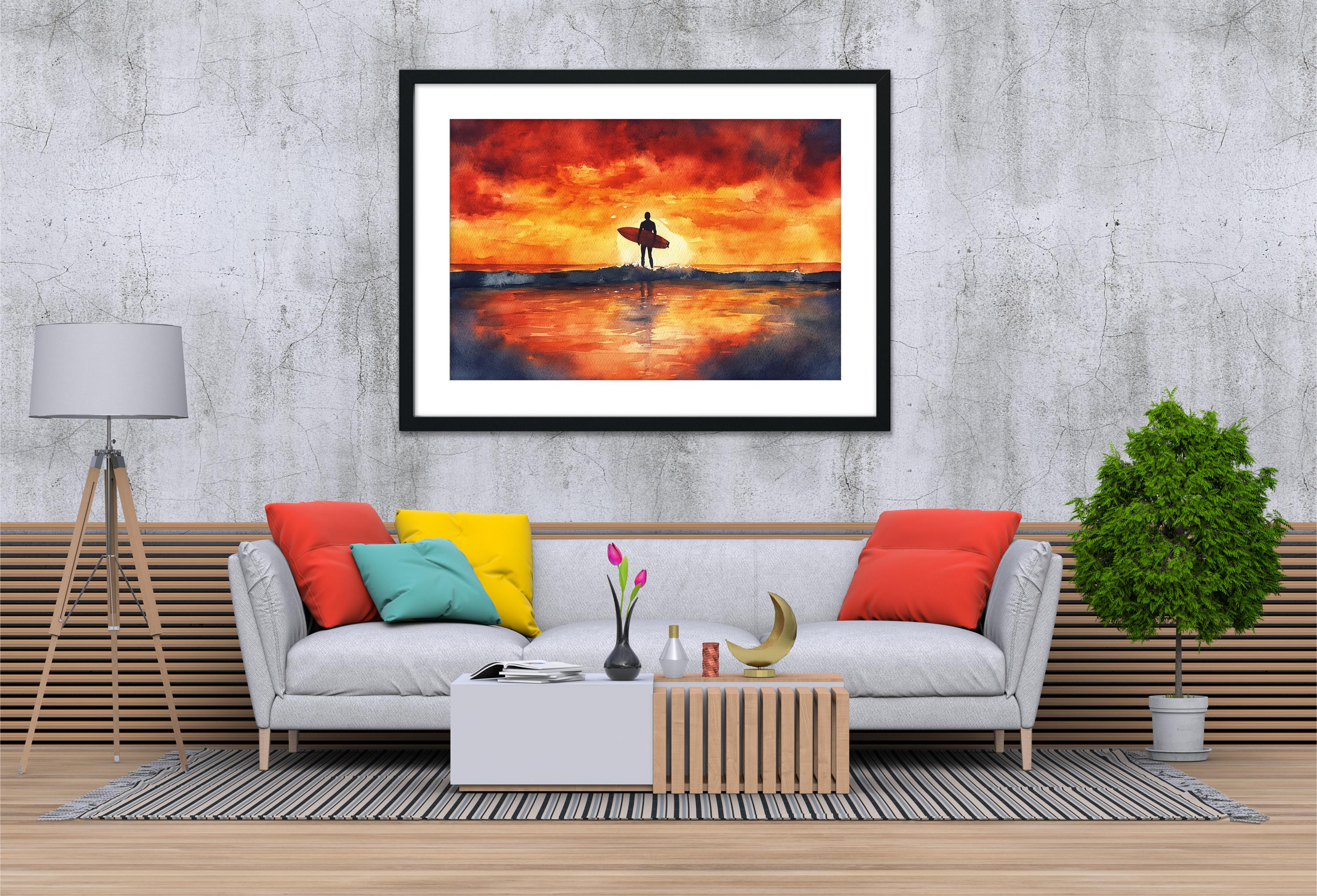 a living room with a gray sofa, a coffee table, and a framed painting of a surfer on the wall.