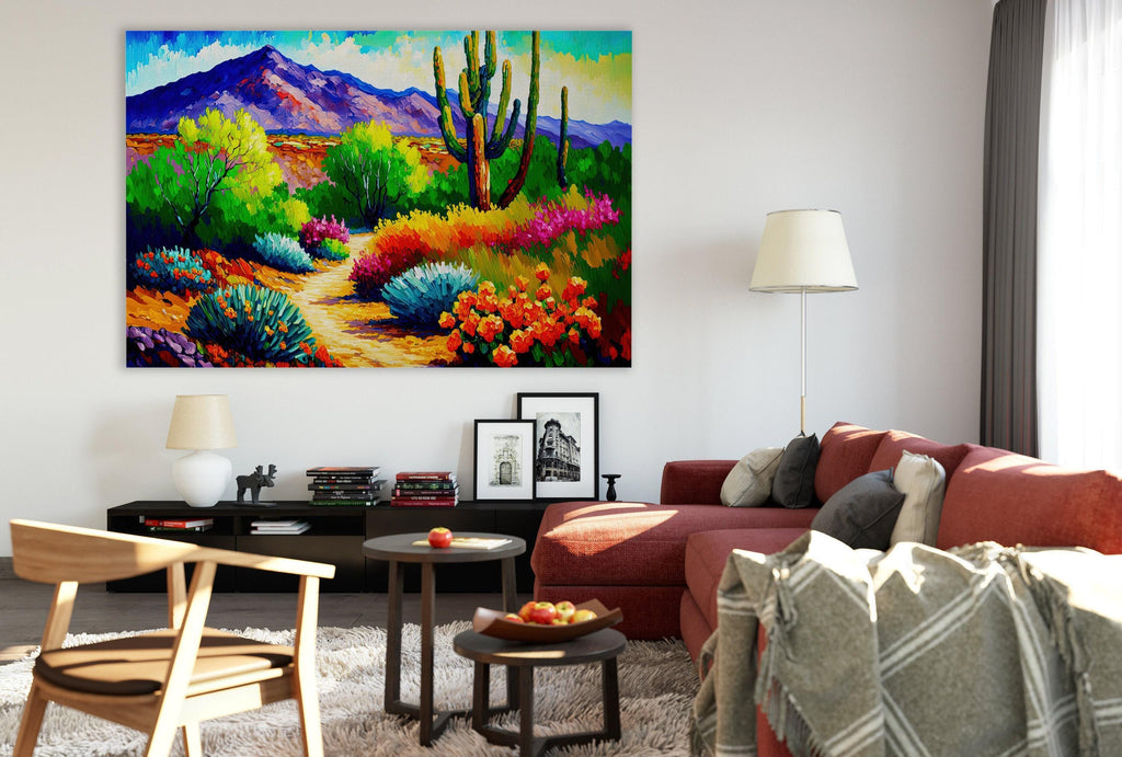 a vibrant and colorful desert landscape, with a large painting of the scene hanging on the wall above a cozy living room setting.