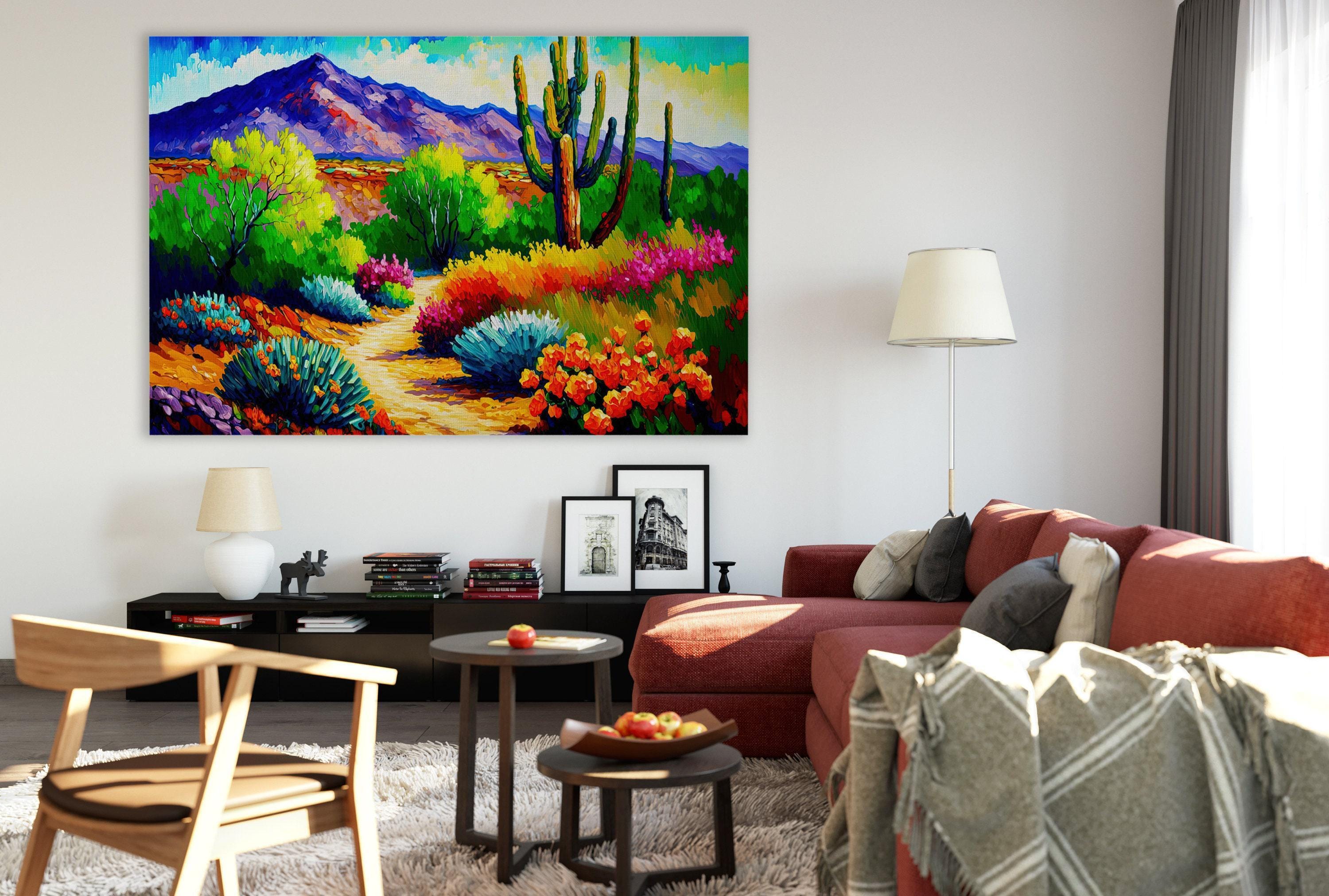 a vibrant and colorful desert landscape, with a large painting of the scene hanging on the wall above a cozy living room setting.