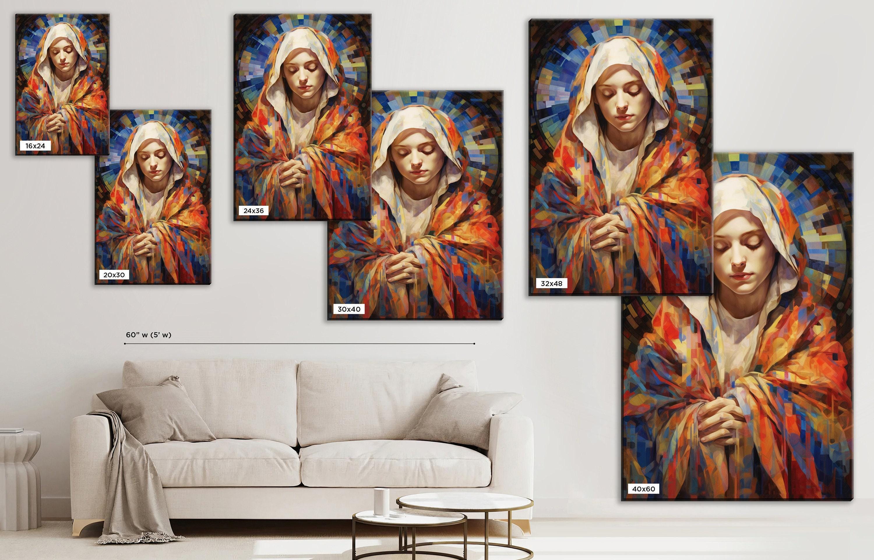 Virgin Mary Canvas Art – Large Gallery Wrapped Canvas with Soft Hues & Wood Frame