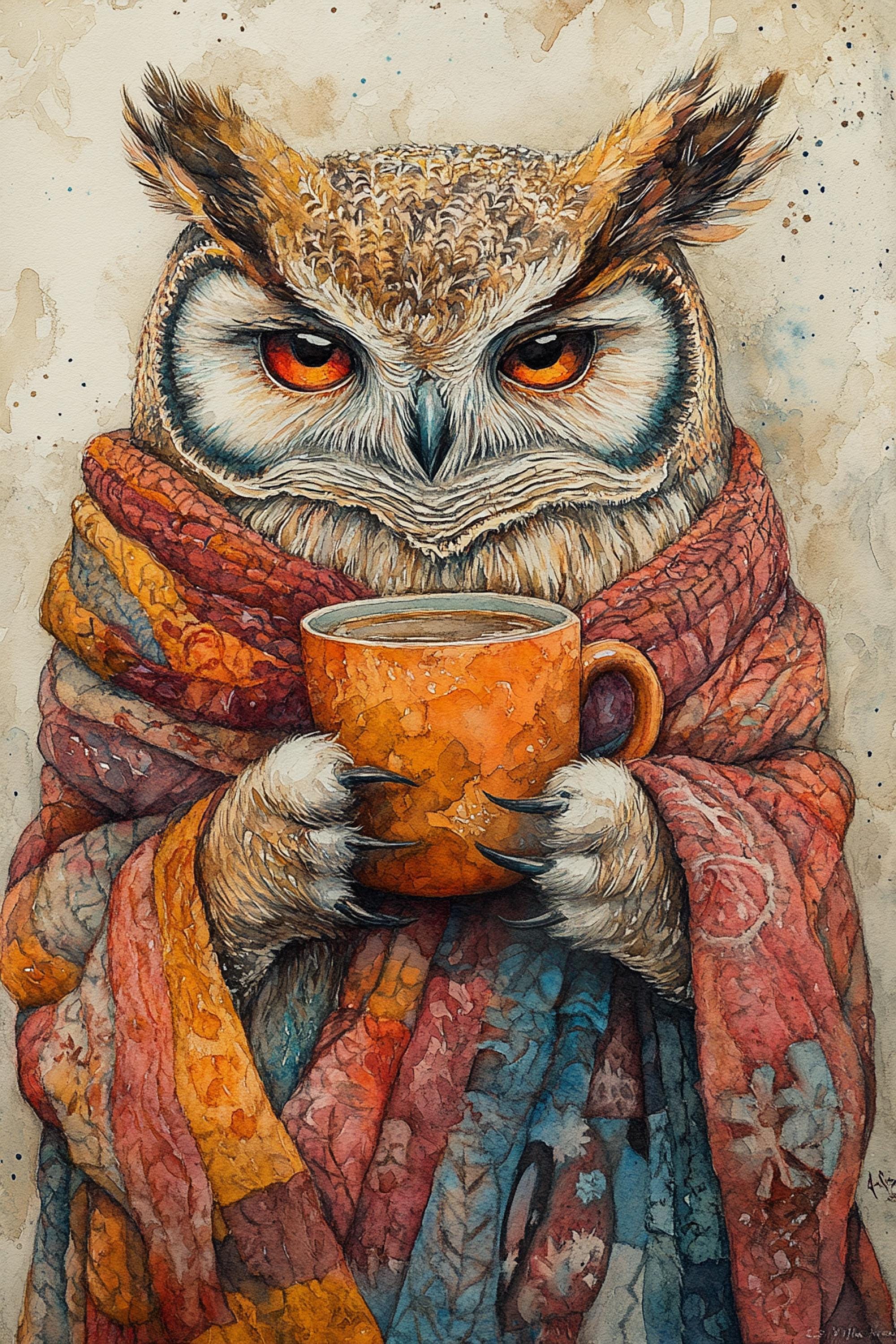 An owl wearing a colorful scarf and holding a mug of coffee, with a serious expression on its face.
