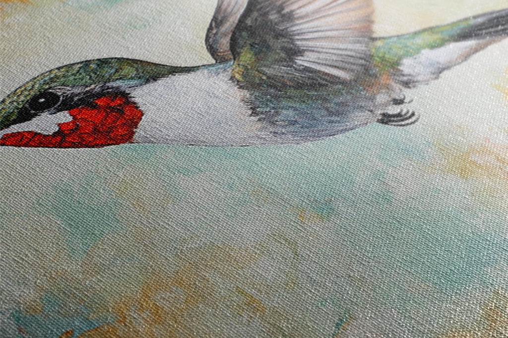 a painting of a bird with a red beak