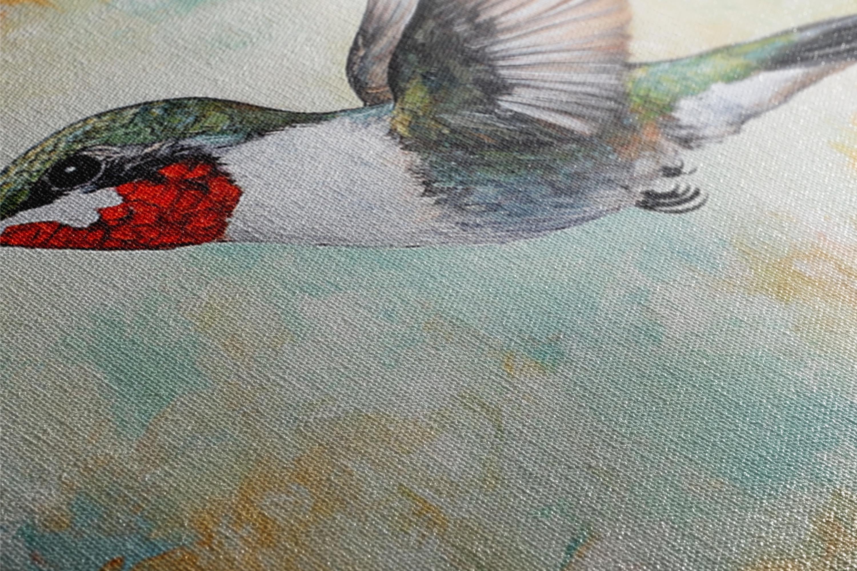 a painting of a bird with a red beak