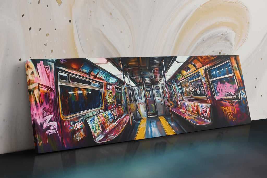 a painting of a subway car with graffiti on it